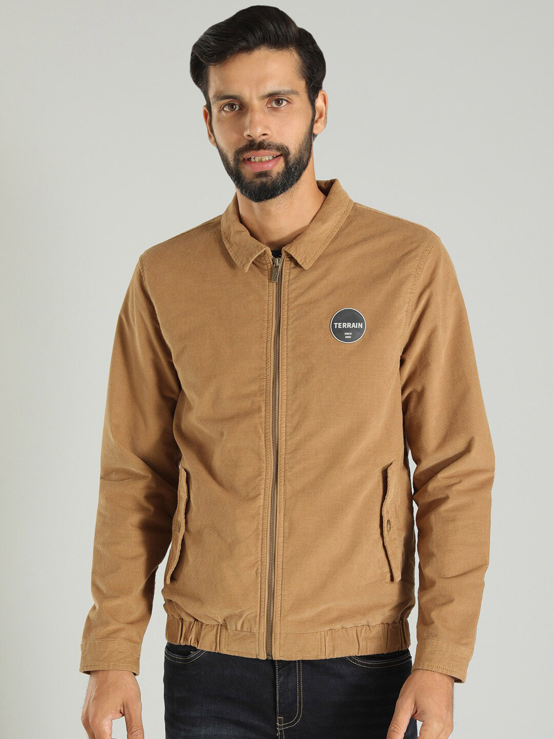 

Indian Terrain Spread Collar Lightweight Pure Cotton Bomber Jacket, Khaki
