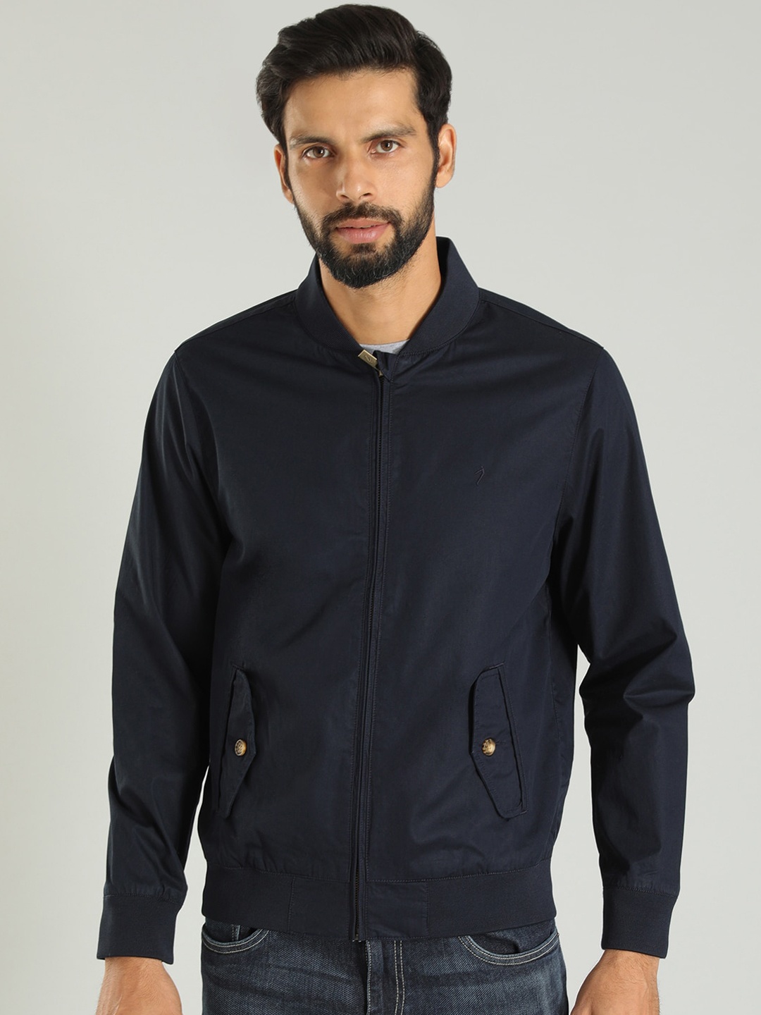 

Indian Terrain Stand Collar Lightweight Pure Cotton Bomber Jacket, Navy blue