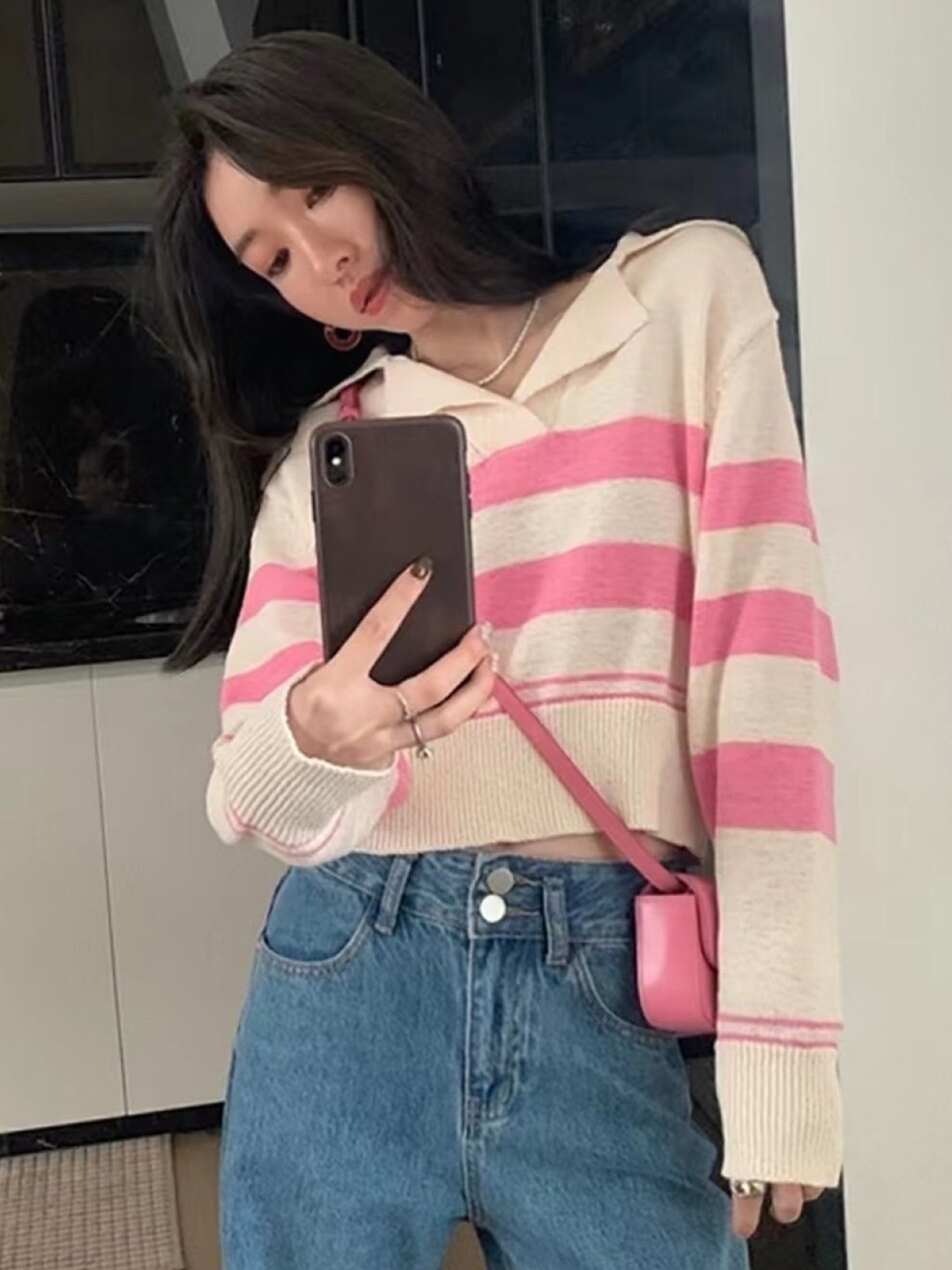 

StyleCast Girls Pink Horizontal Stripes Shirt Collar Long Sleeve Regular Top