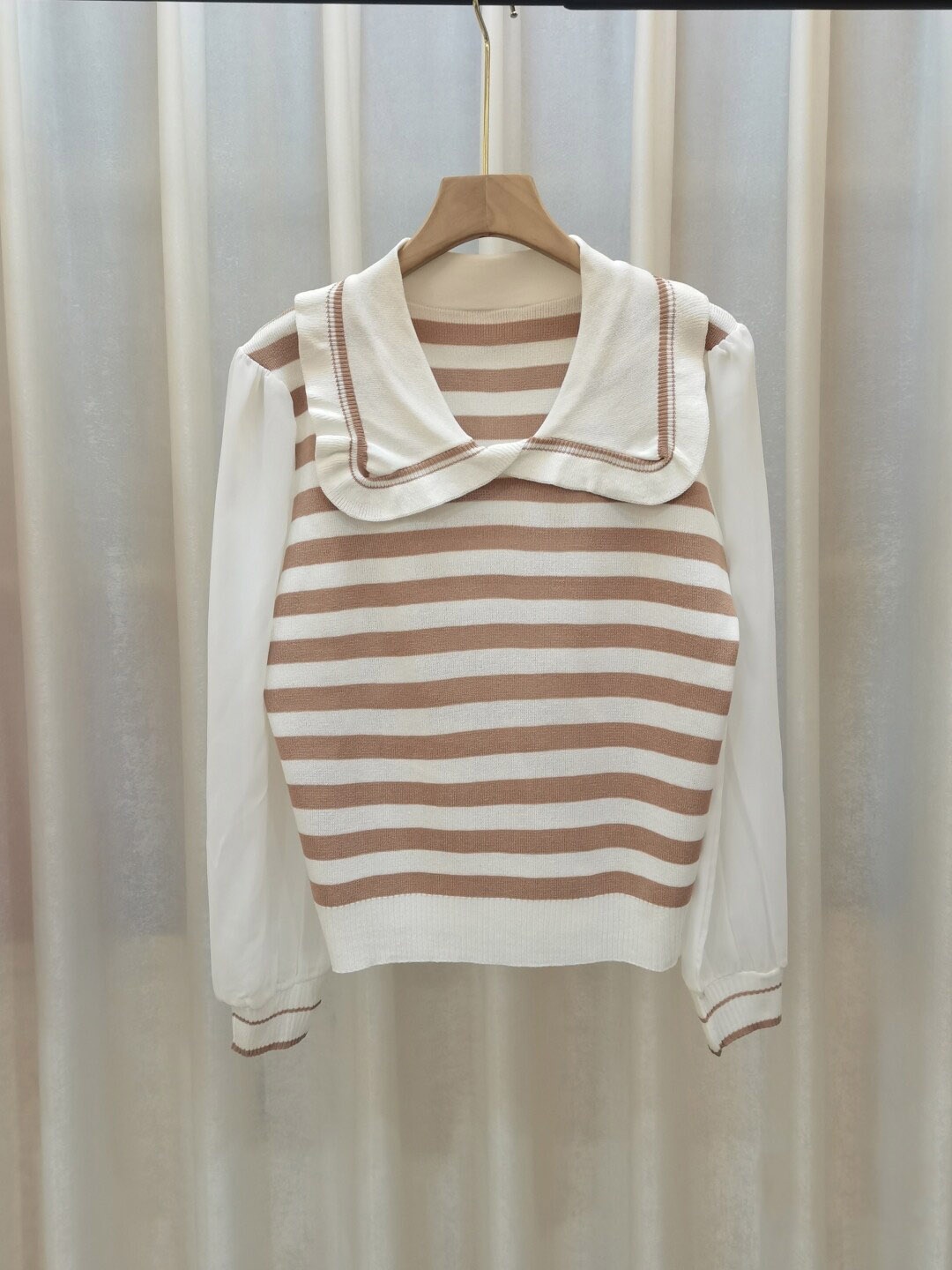 

StyleCast Girls Brown Horizontal Stripes Peter Pan Collar Long Sleeve Regular Top