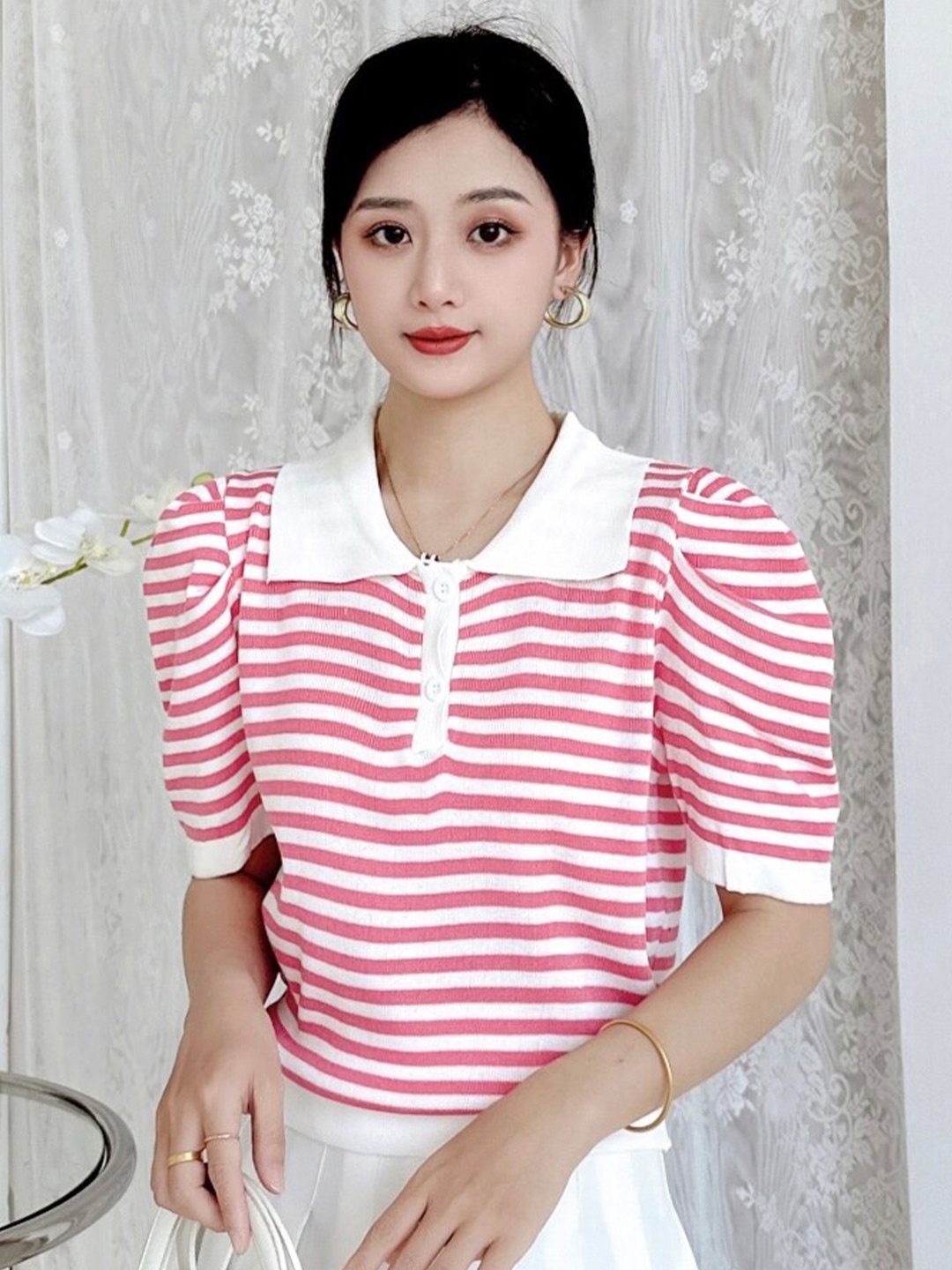 

StyleCast Girls Pink Horizontal Striped Puff Sleeves Shirt Style Top
