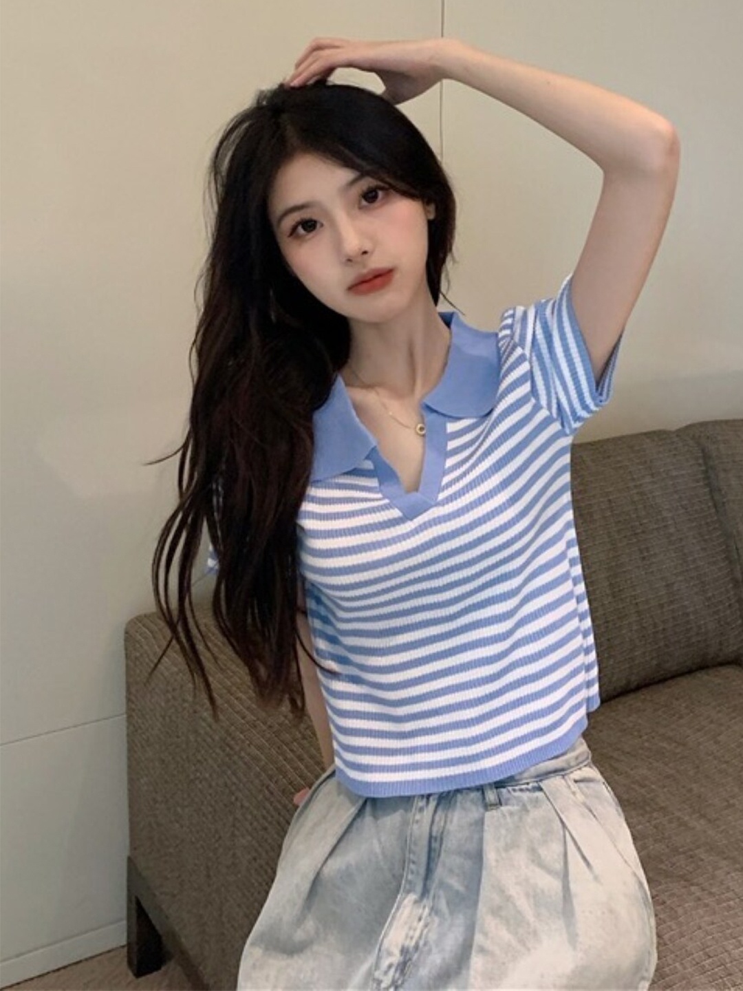 

StyleCast Blue Horizontal Striped Shirt Collar Top