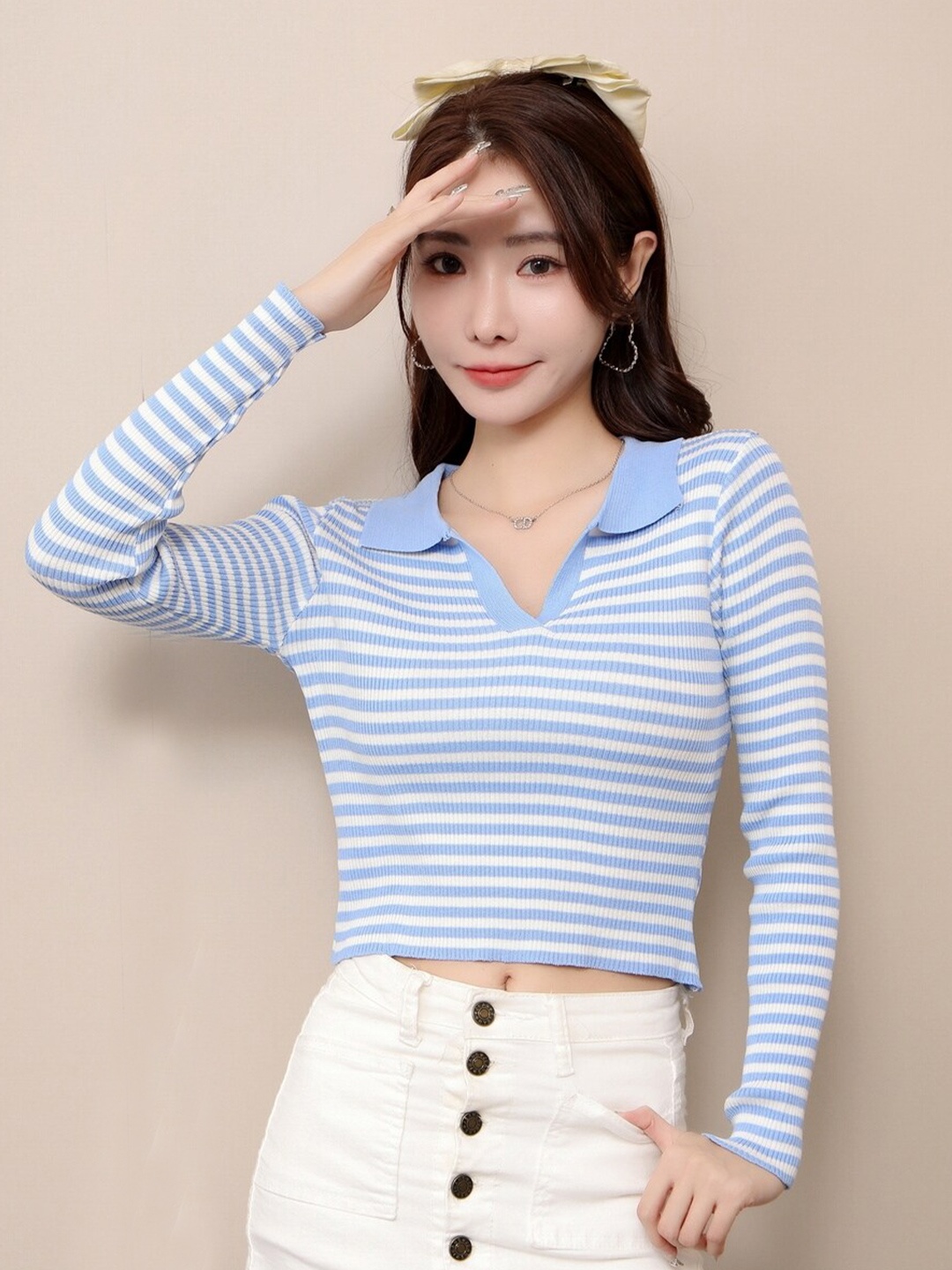 

StyleCast Blue Teen Girls Horizontal Striped Shirt Collar Fitted Crop Top