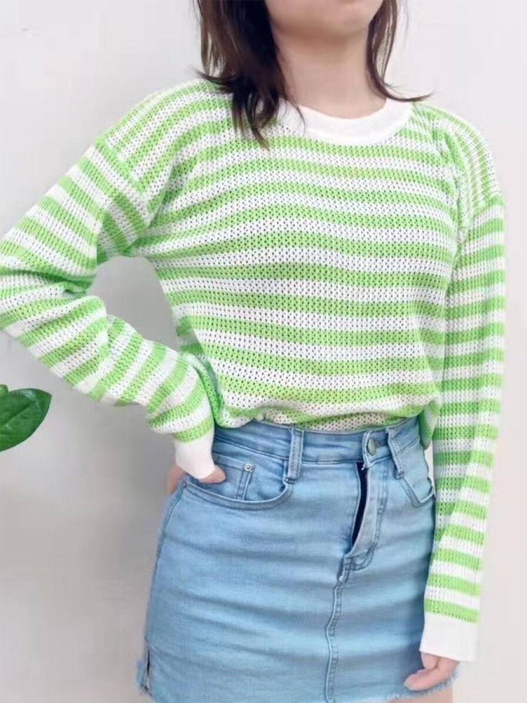 

StyleCast Teen Girls Green & White Horizontal Striped Extended Sleeves Top