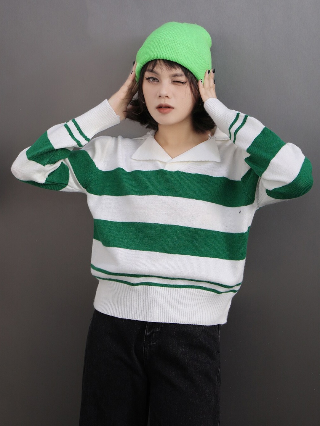 

StyleCast Girls Green Horizontal Striped Shirt Collar Top