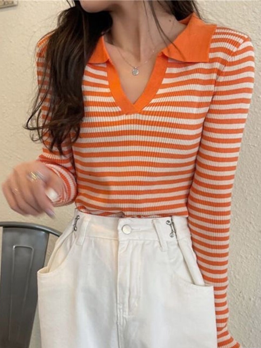 

StyleCast Girls Orange Shirt Collar Horizontal Striped Top