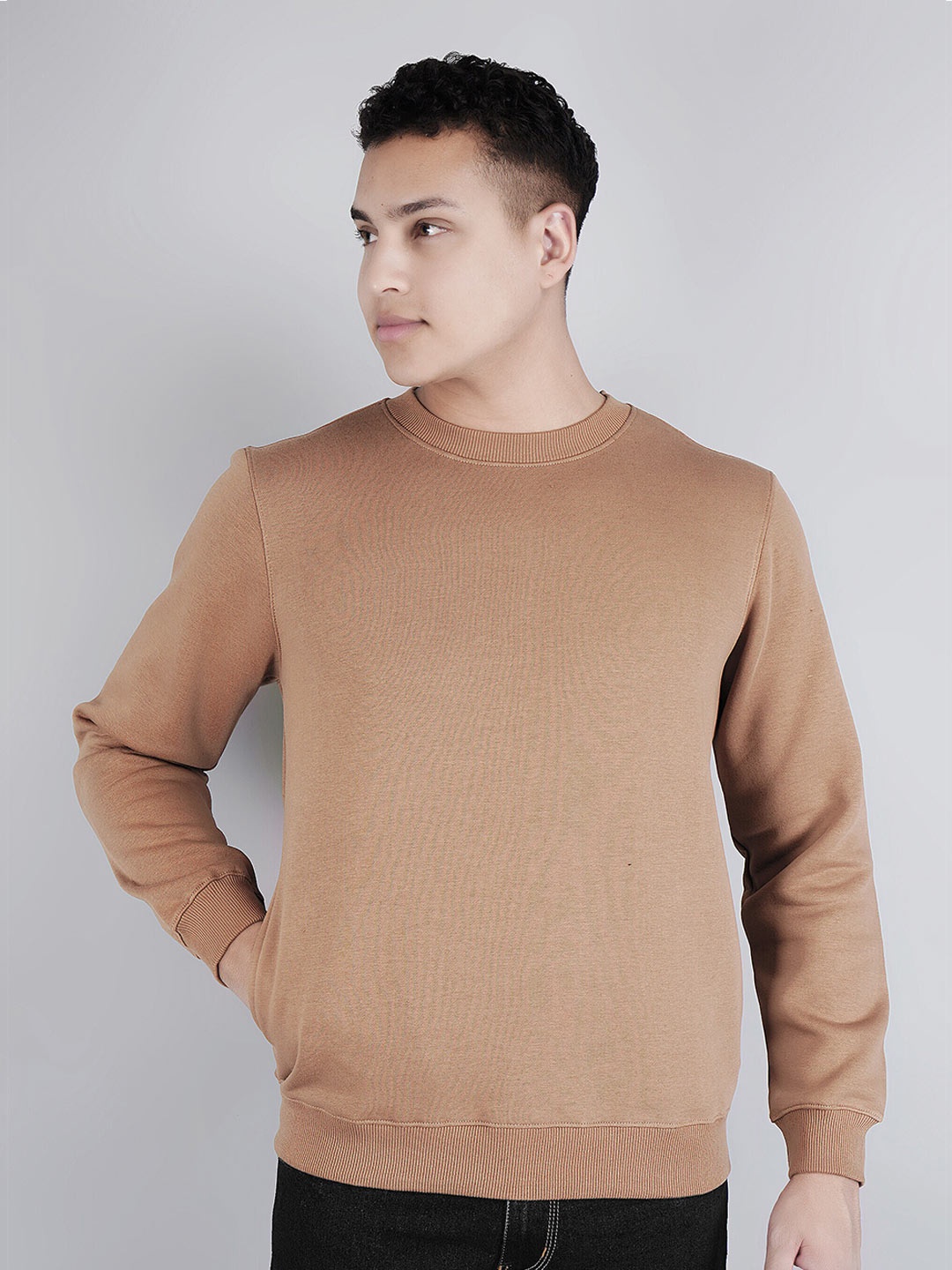 

BESIMPLE Round Neck Long Sleeves Fleece Sweatshirt, Brown