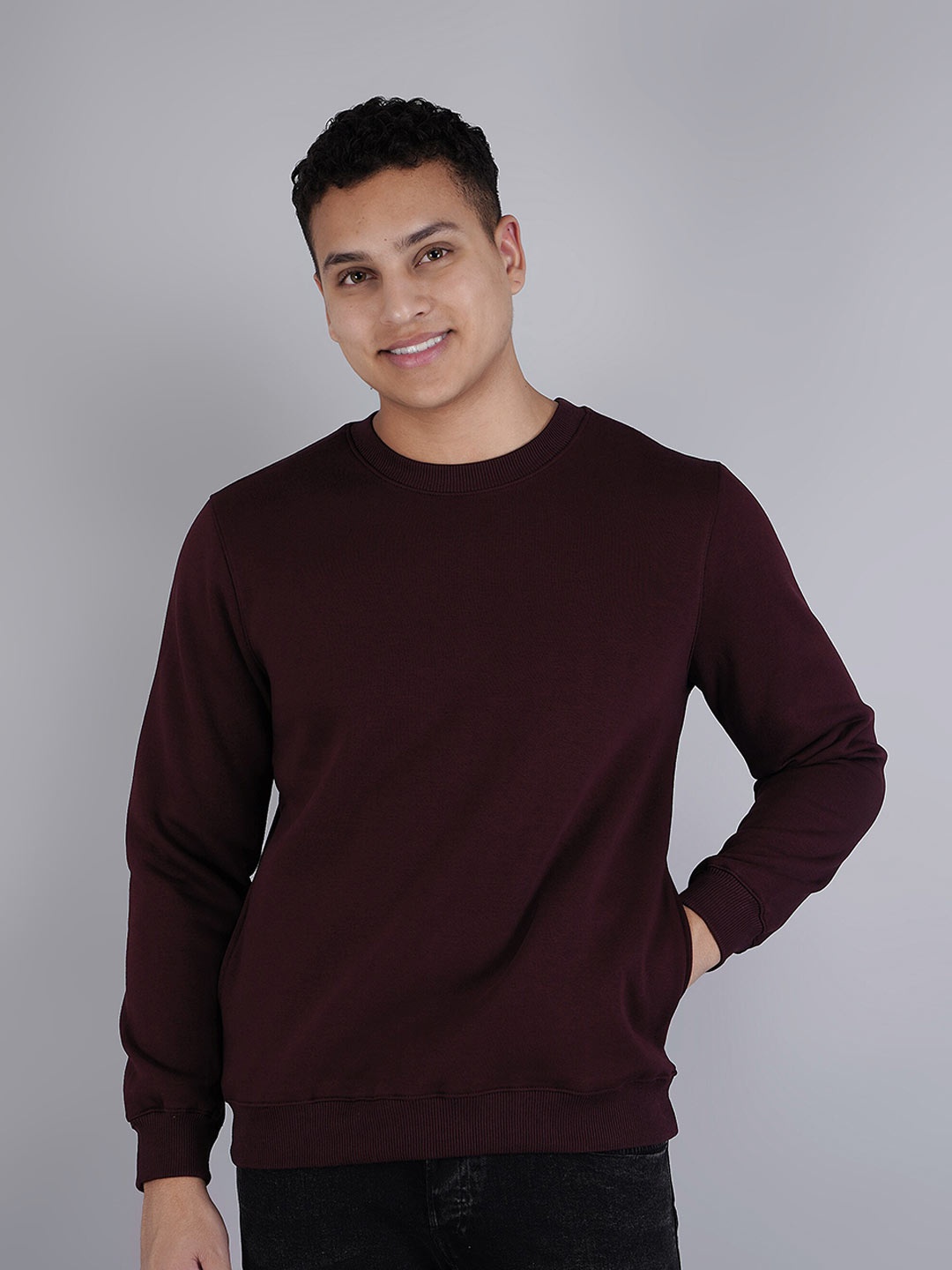 

BESIMPLE Round Neck Long Sleeves Fleece Sweatshirt, Burgundy