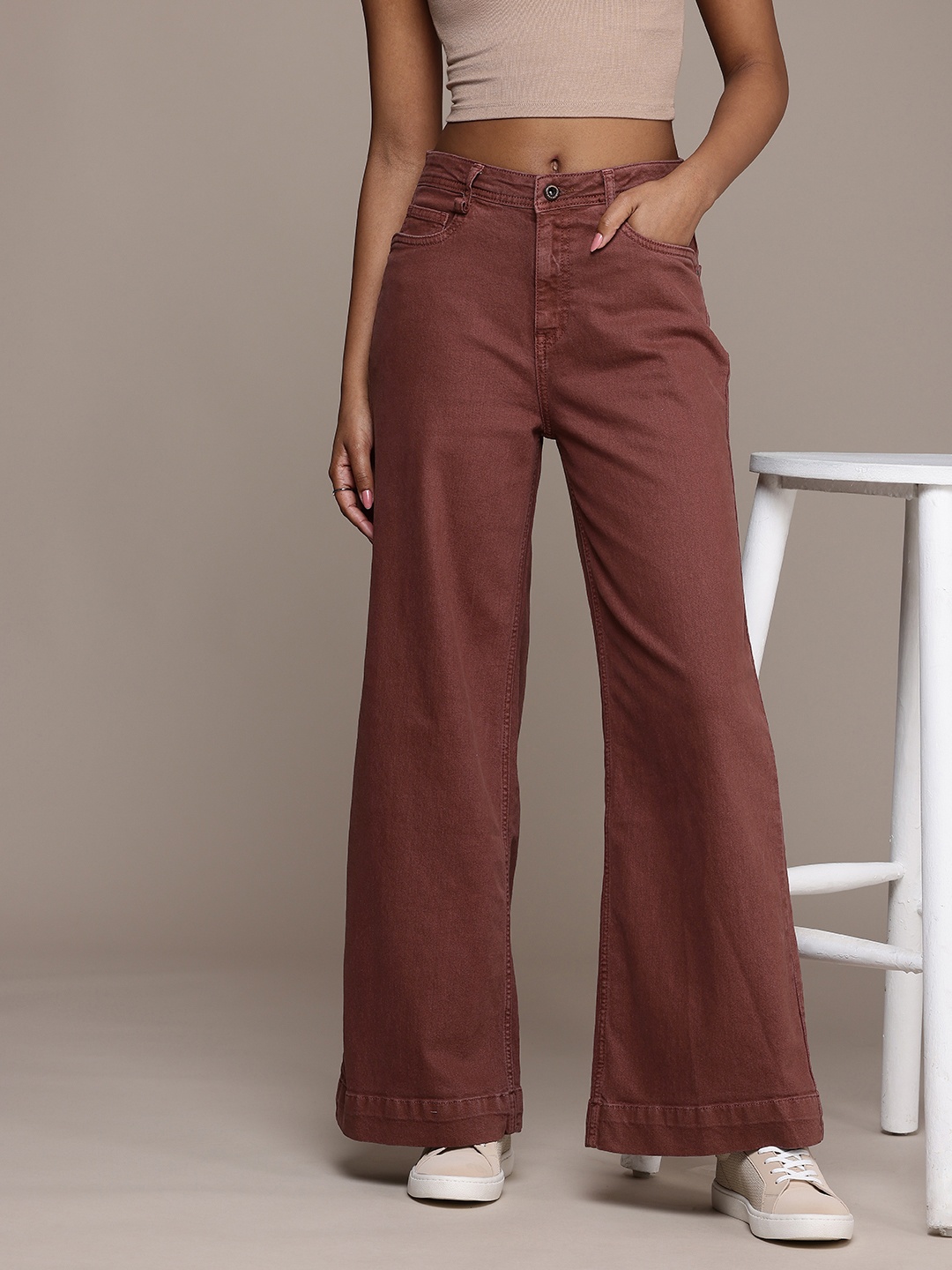 

The Roadster Life Co. Women Wide Leg Stretchable Jeans, Brown