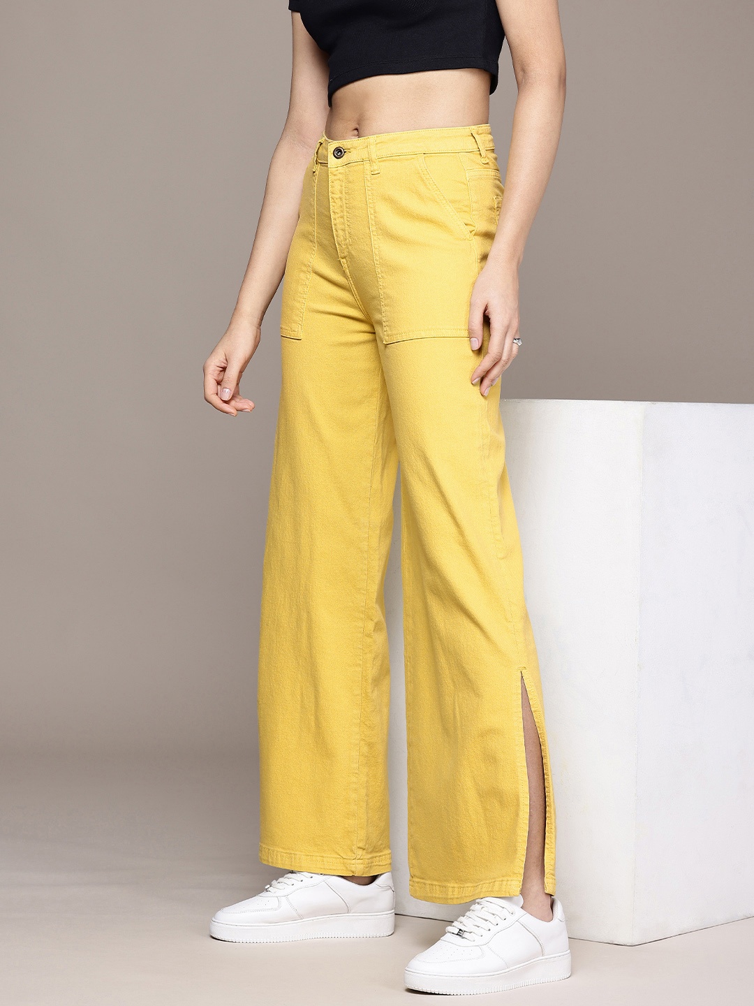 

The Roadster Life Co. Women Wide Leg Stretchable Jeans With Slit, Mustard