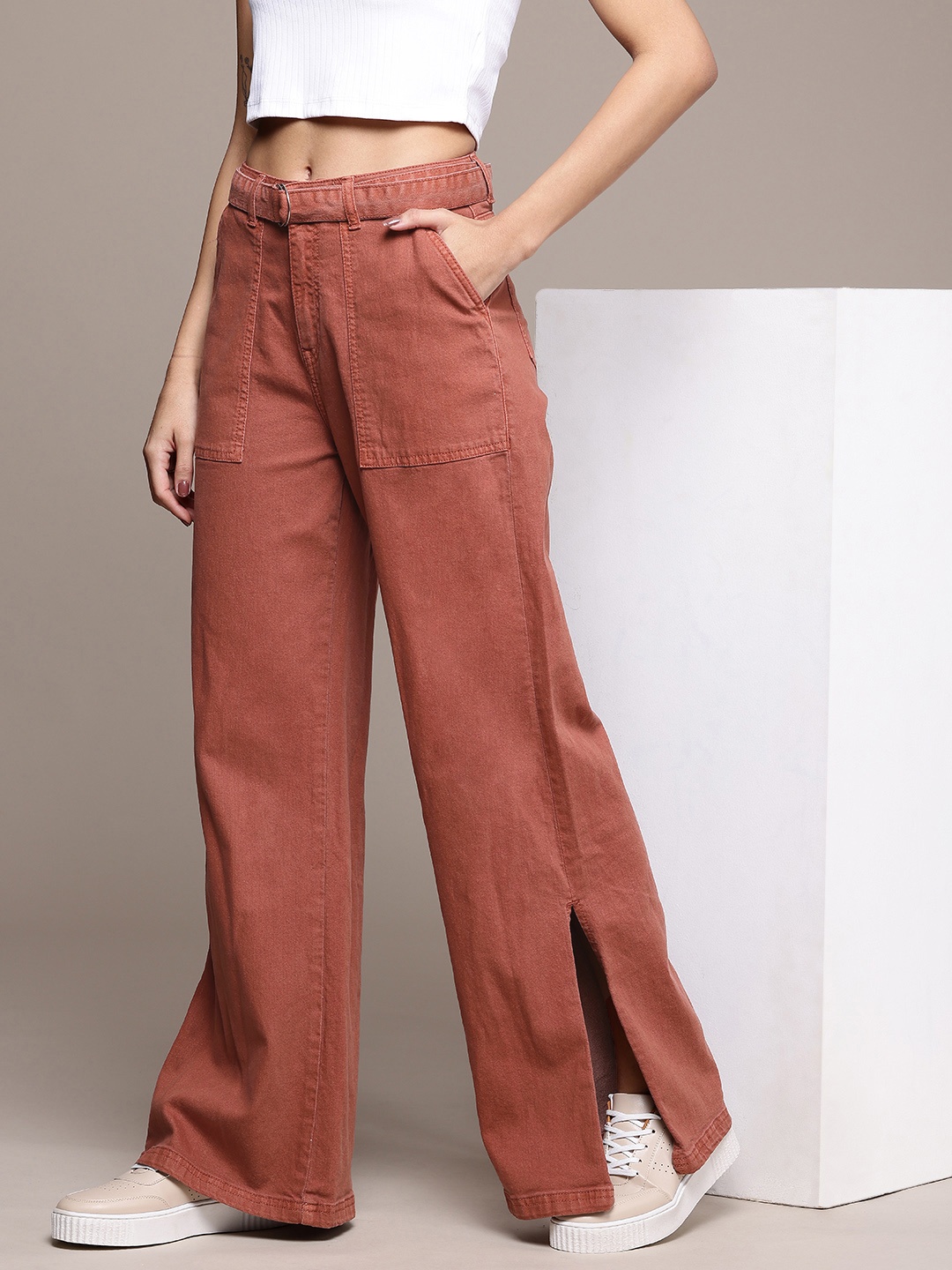 

The Roadster Life Co. Women Wide Leg With Slit Stretchable Jeans, Rust