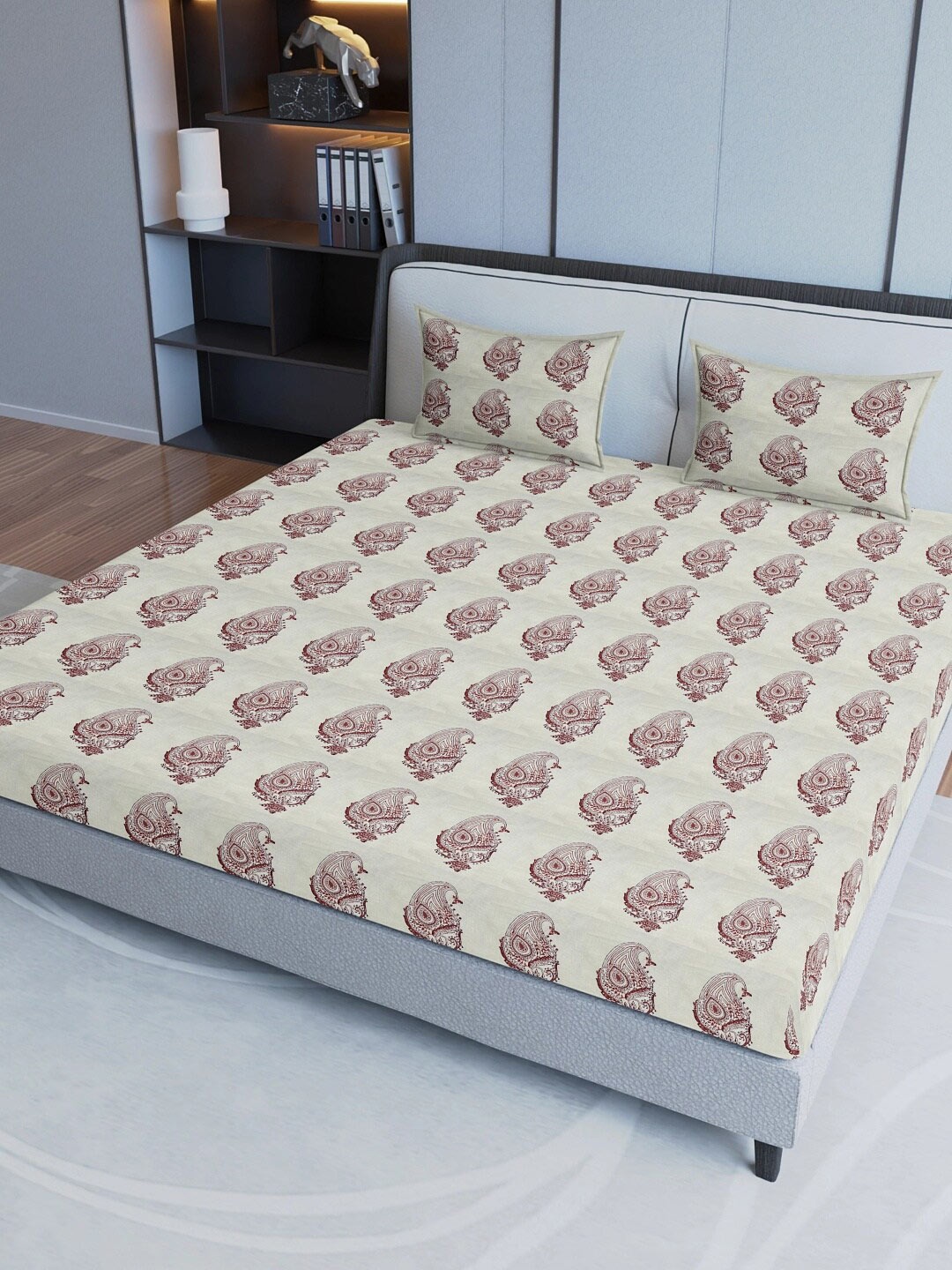 

Aura Maroon & Beige Ethnic Motifs Cotton Fitted 200 TC Queen Bedsheet with 2 Pillow Covers