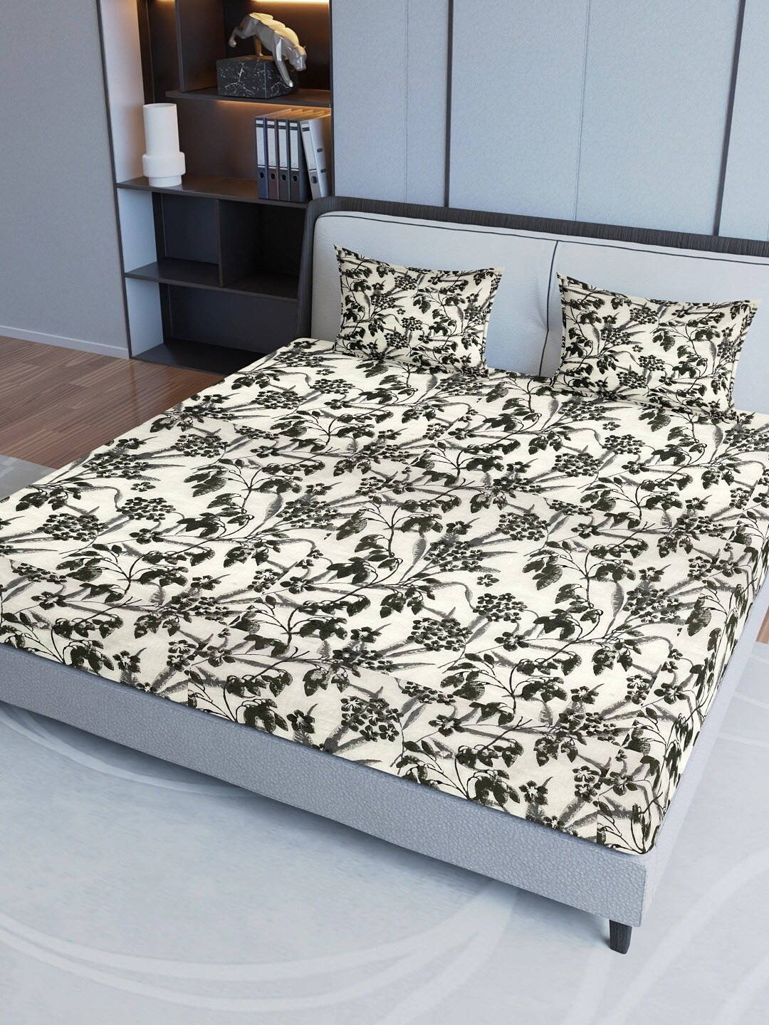 

Aura Grey & Cream Floral Cotton 200 TC Queen Bedsheet with 2 Pillow Covers
