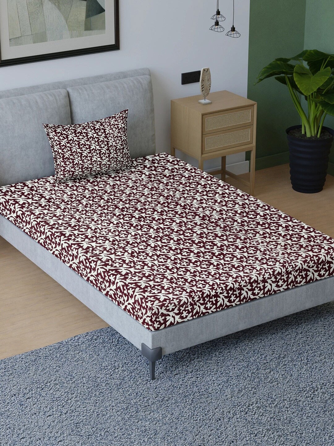 

Aura Maroon White Floral Cotton 200 TC Single Bedsheet with Pillow Cover