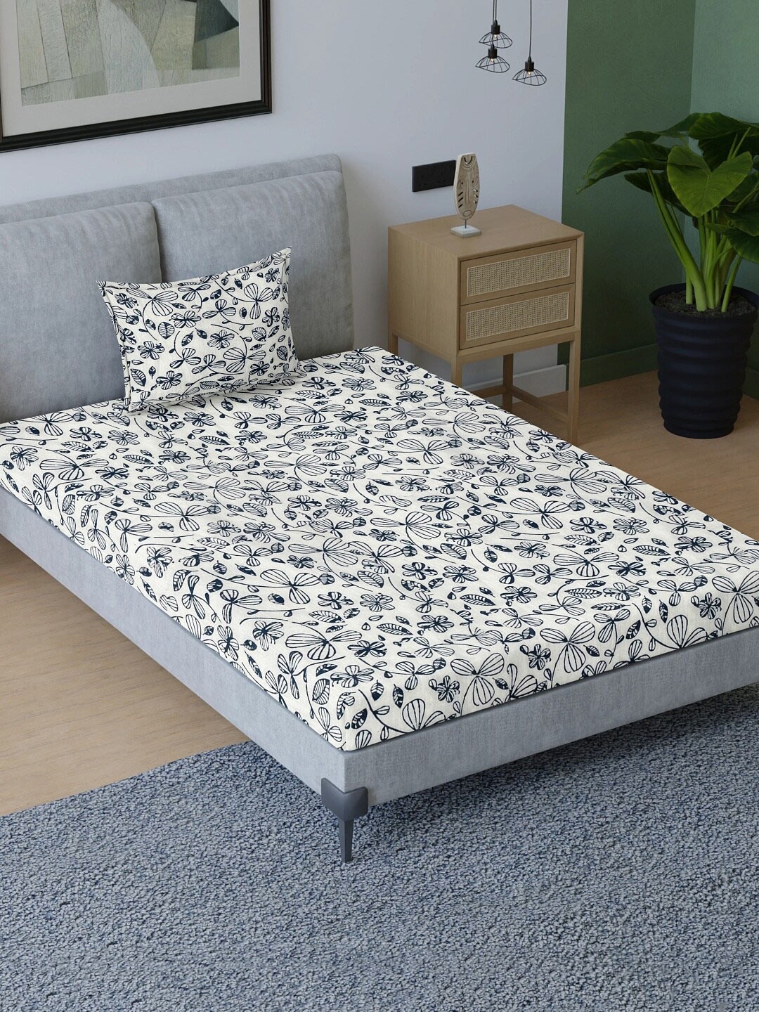 

Aura Blue & White Floral Cotton 200 TC Single Bedsheet with Pillow Cover