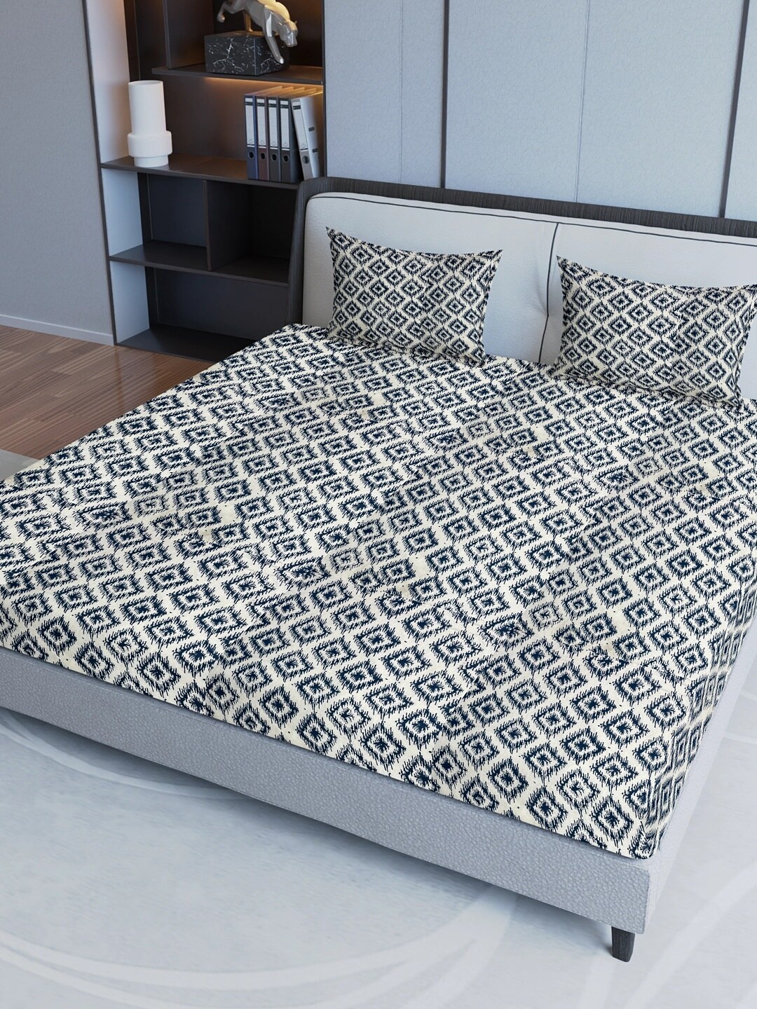 

Aura Blue & White Geometric Cotton 200 TC Queen Bedsheet with Pillow Covers