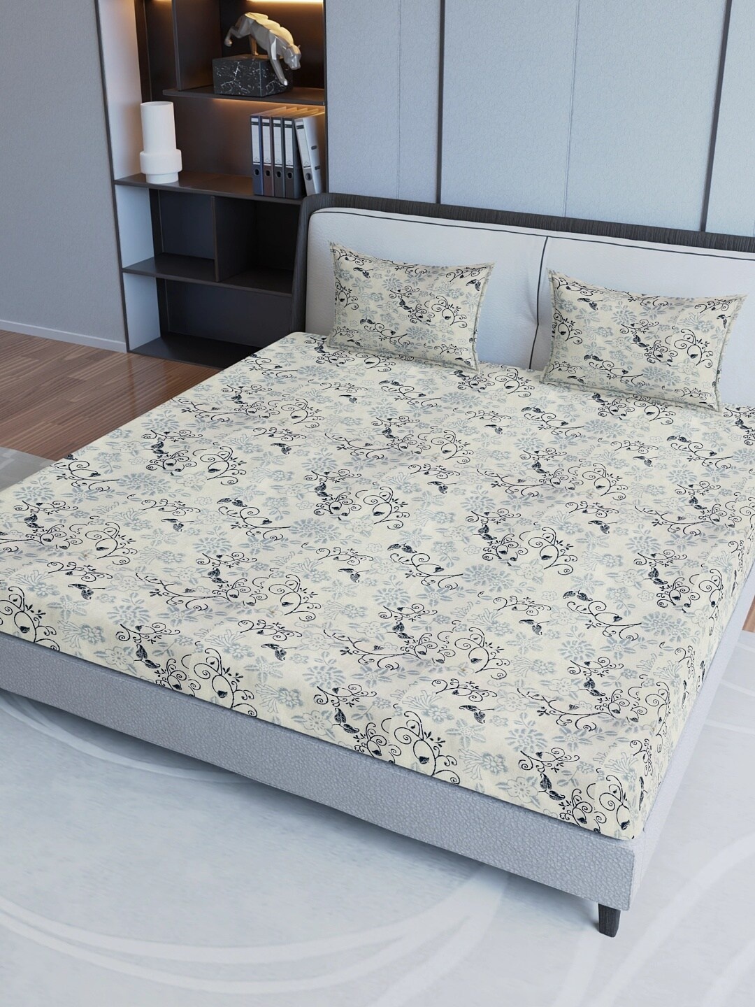 

Aura Beige & Grey Ethnic Motifs Cotton Fitted 200 TC Queen Bedsheet with Pillow Covers