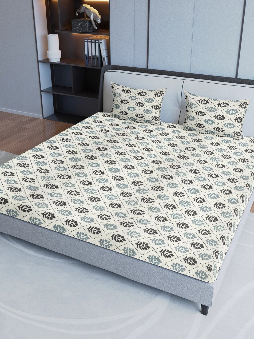 

Aura Blue & Grey Ethnic Motifs Cotton 200 TC King Bedsheet with Pillow Covers