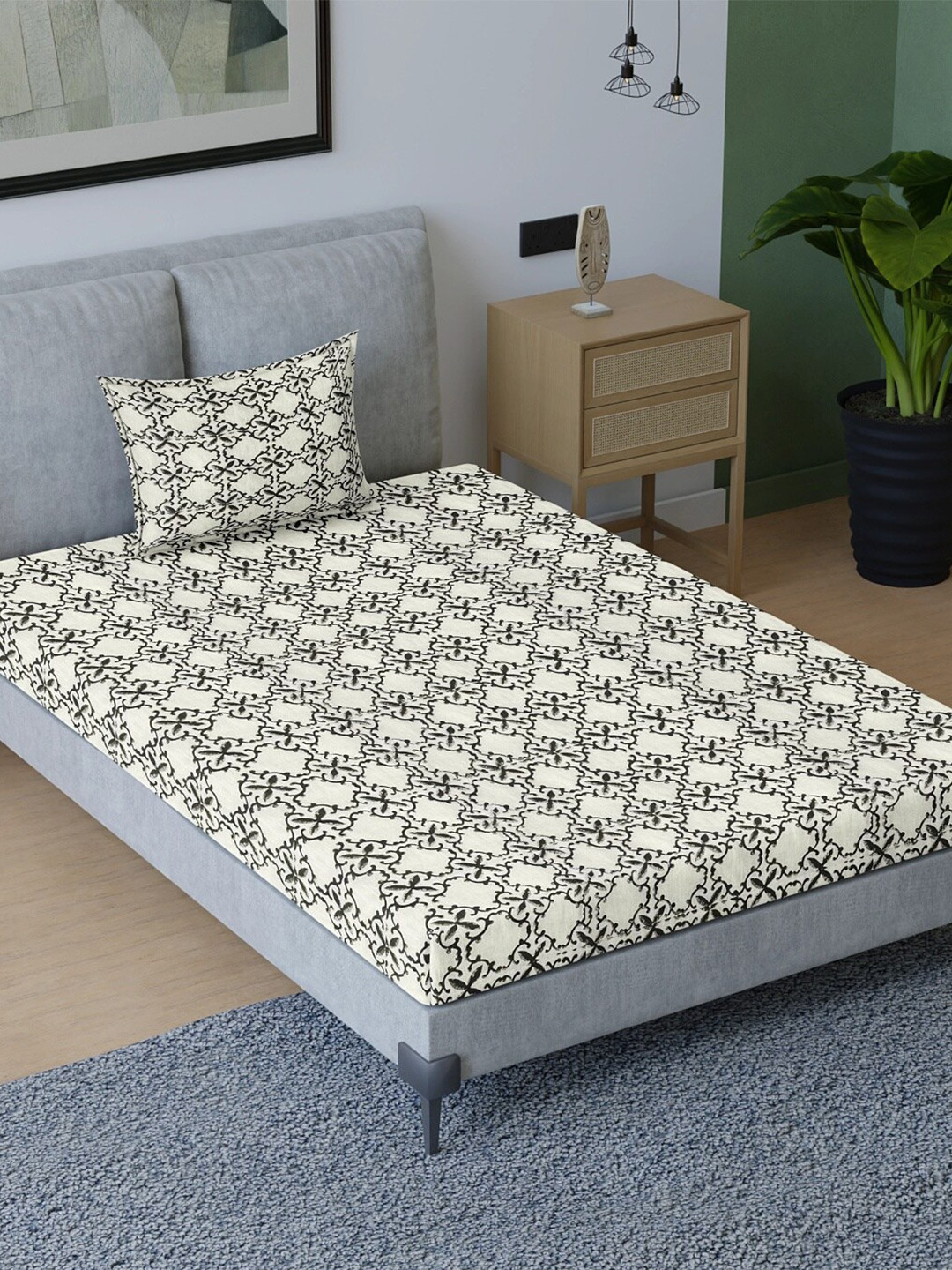 

Aura Grey & Beige Abstract Cotton 200 TC Single Bedsheet with Pillow Cover