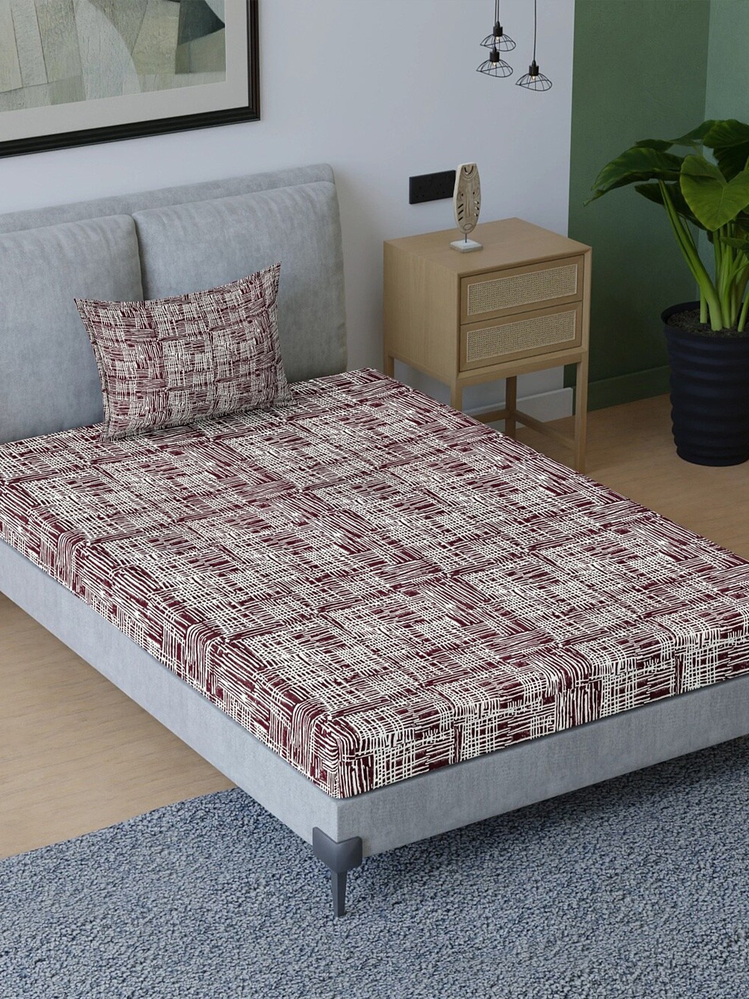 

Aura Maroon & Beige Abstract Cotton 200 TC Single Bedsheet with Pillow Cover