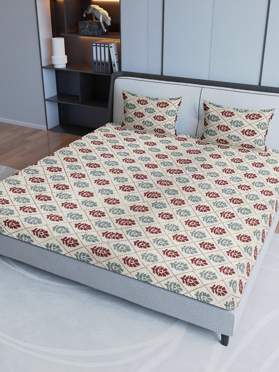 

Aura Maroon & Beige Ethnic Motifs Cotton 200 TC King Bedsheet with Pillow Covers
