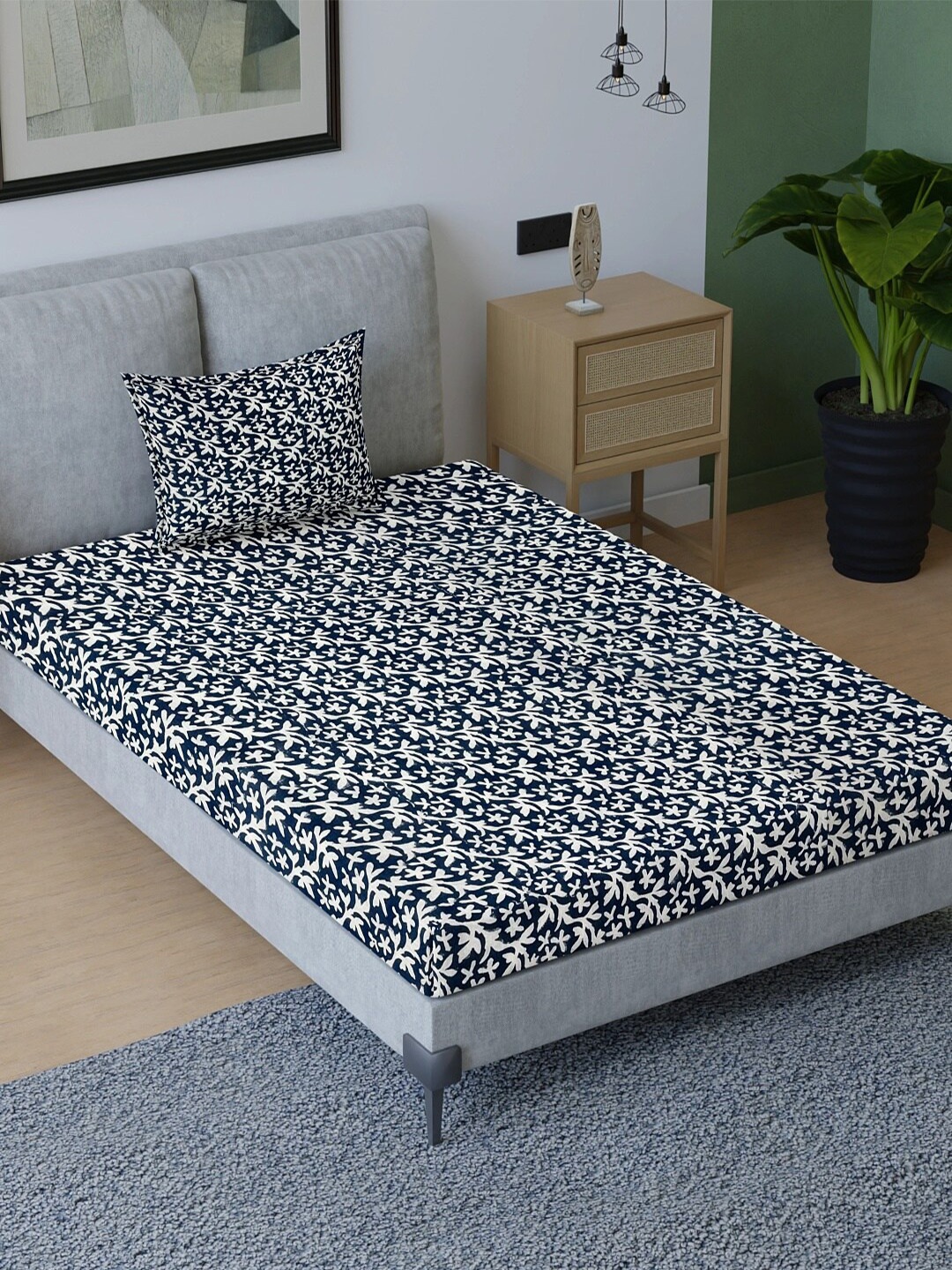 

Aura Blue & White Floral Cotton 200 TC Single Bedsheet with Pillow Cover