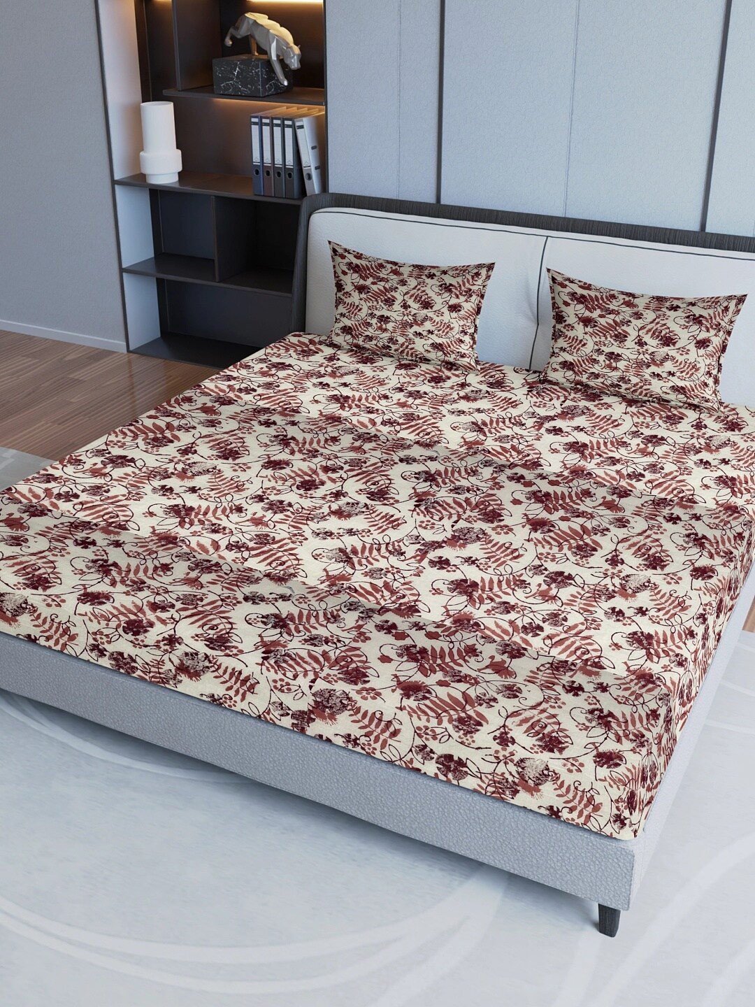

Aura Maroon & Beige Floral Pure Cotton 200 TC Queen Bedsheet with 2 Pillow Covers