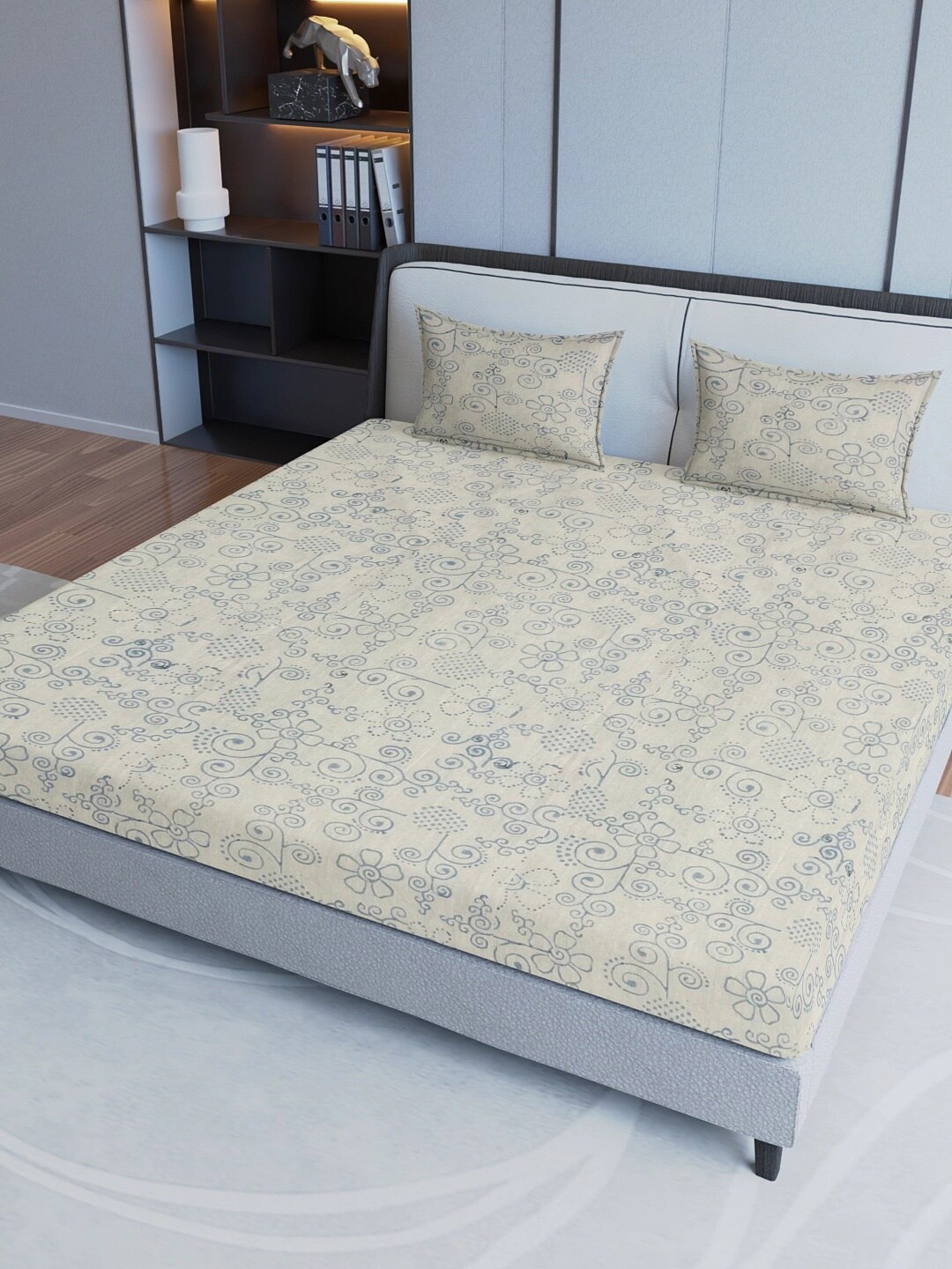 

Aura Beige & Grey Printed Pure Cotton 200 TC Queen Bedsheet with 2 Pillow Covers