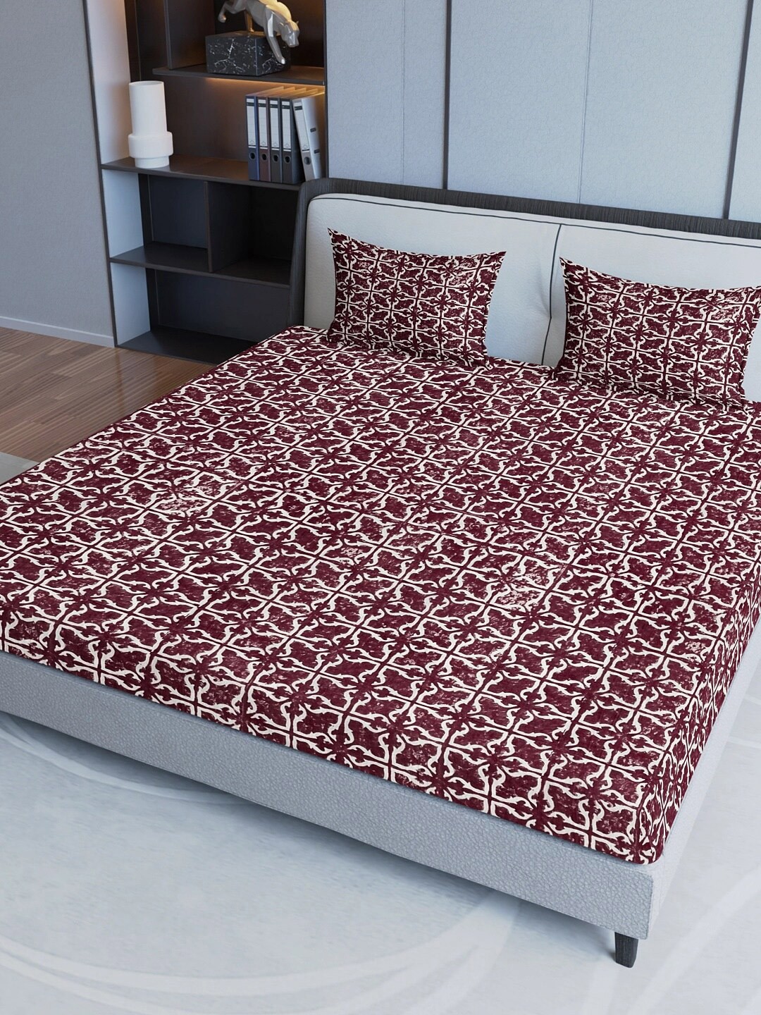 

Aura Maroon Ethnic Motifs Pure Cotton Fitted 200 TC Queen Bedsheet with 2 Pillow Covers