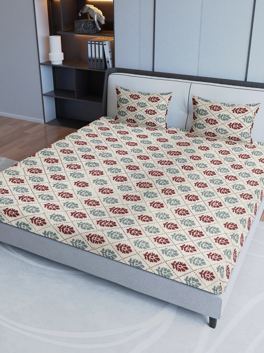 

Aura Beige Ethnic Motifs Pure Cotton Fitted 200 TC Queen Bedsheet with 2 Pillow Covers