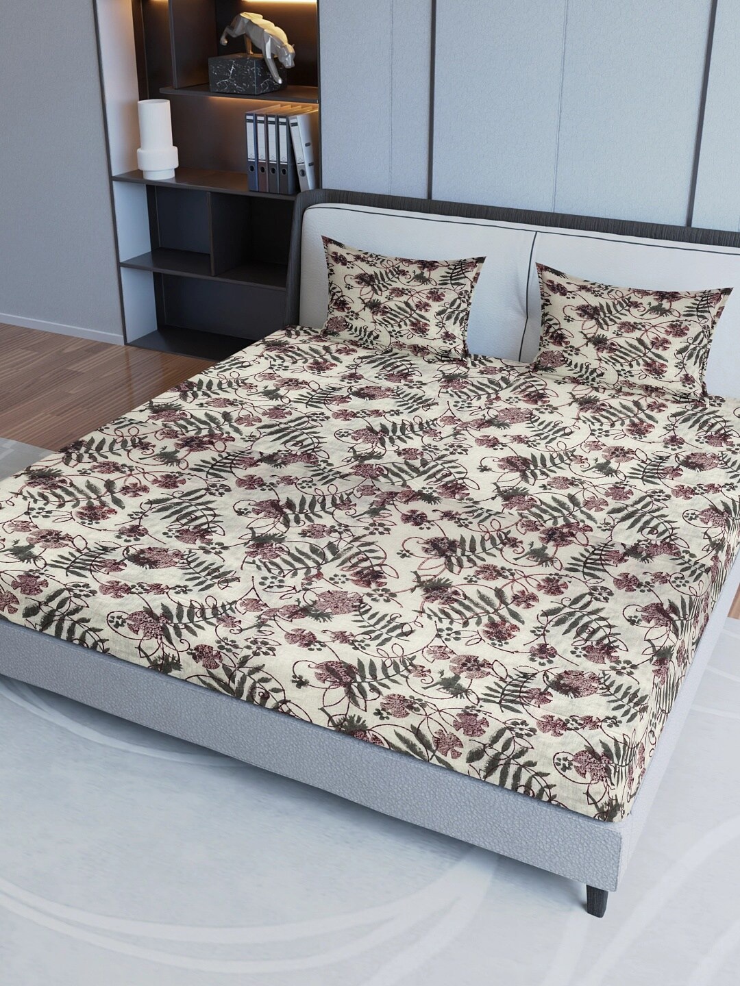 

Aura Beige & Brown Printed Pure Cotton 200 TC Fitted Queen Bedsheet with 2 Pillow Covers