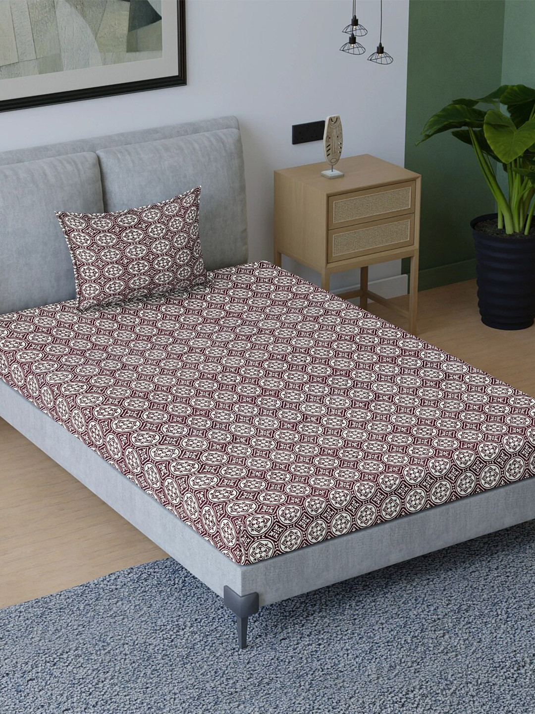 

Aura Maroon & White Ethnic Motifs Cotton 200 TC Single Bedsheet with 1 Pillow Covers