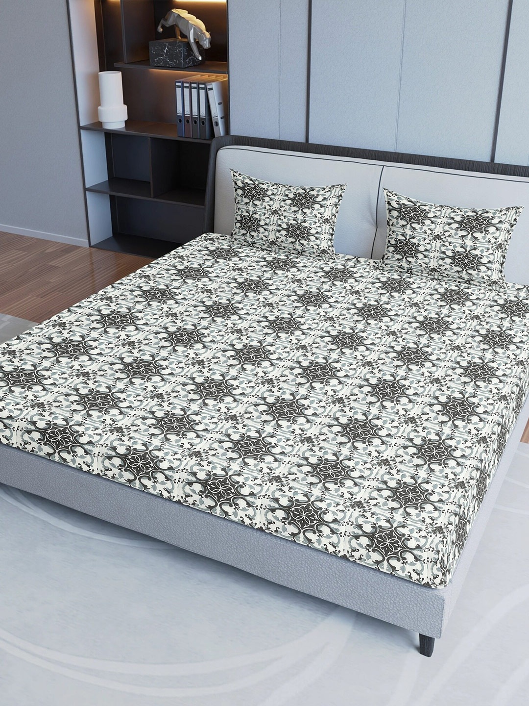 

Aura Grey Ethnic Motifs Pure Cotton 200 TC Queen Bedsheet with 2 Pillow Covers