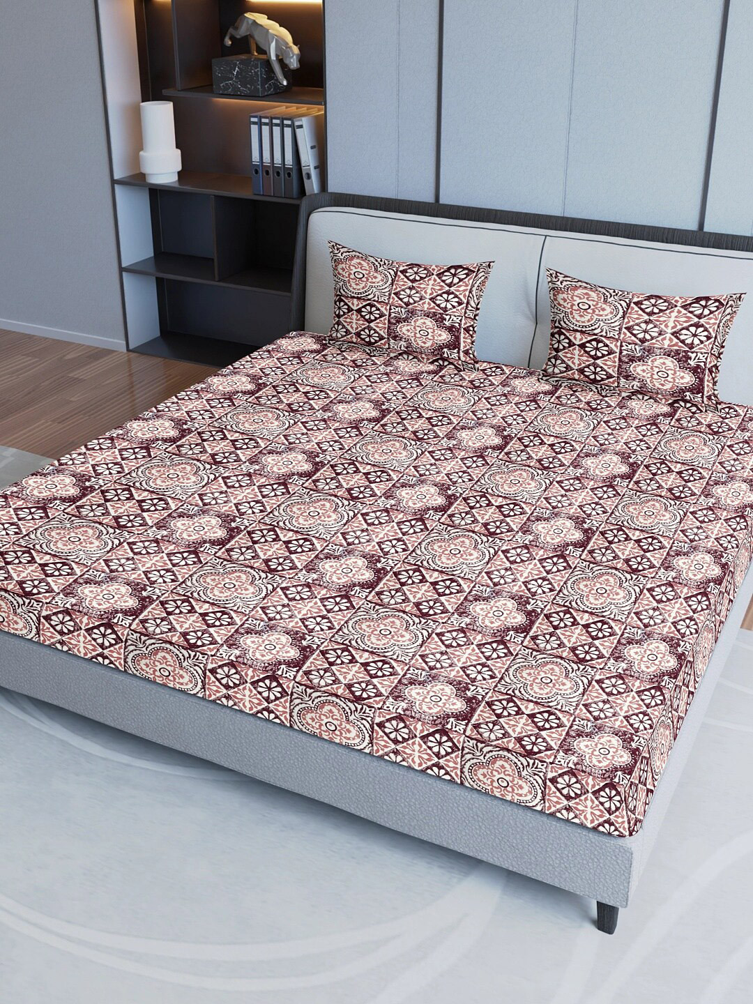 

Aura Maroon Ethnic Motifs Pure Cotton 200 TC King Bedsheet with 2 Pillow Covers