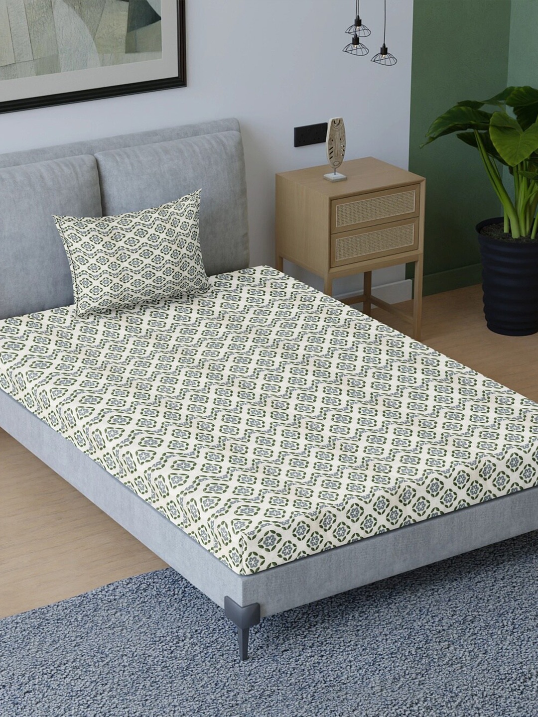 

Aura Grey & Green Ethnic Motifs Cotton 200 TC Single Bedsheet with 1 Pillow Covers