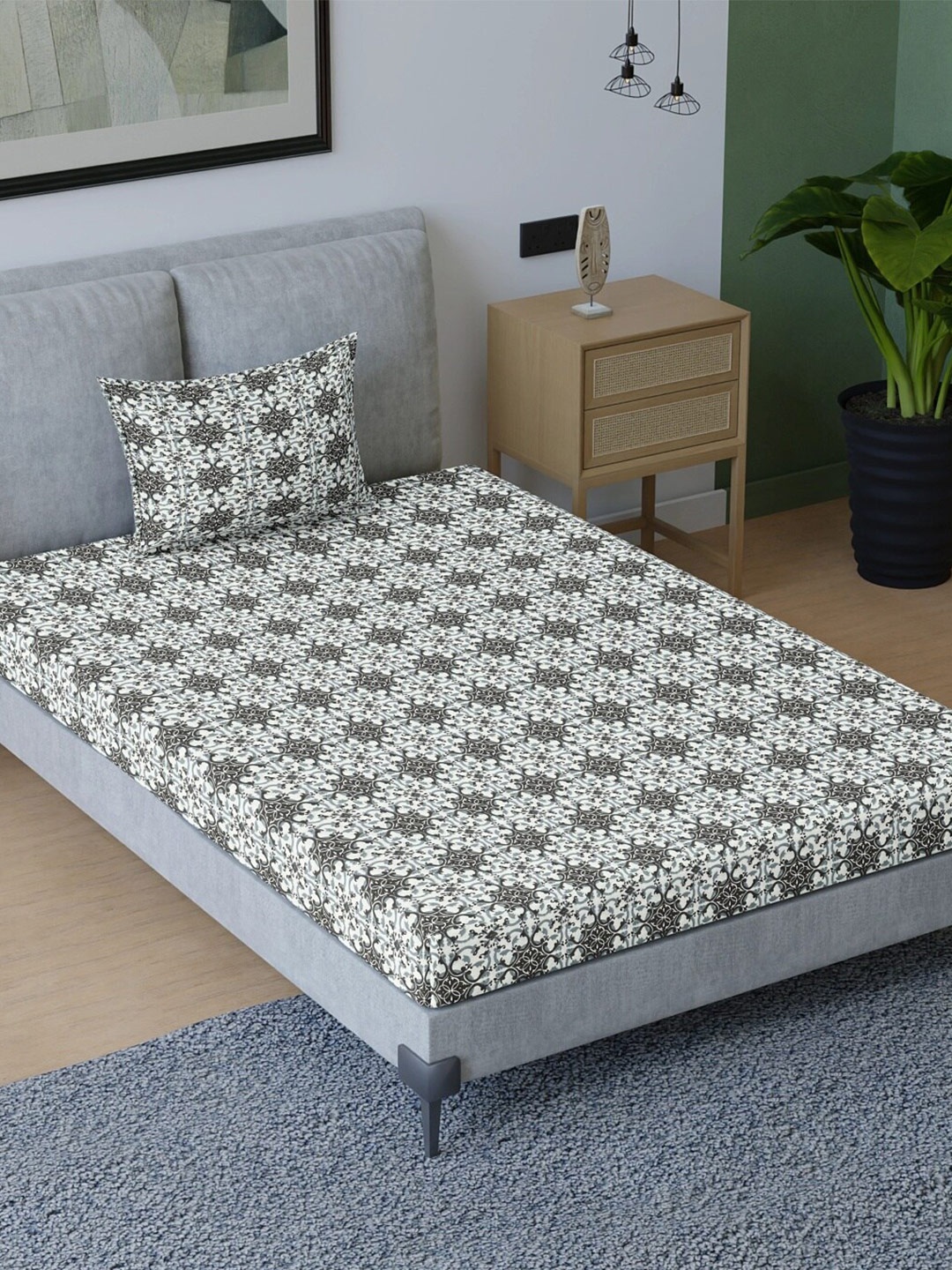 

Aura Grey Ethnic Motifs Pure Cotton 200 TC Single Bedsheet with 1 Pillow Covers
