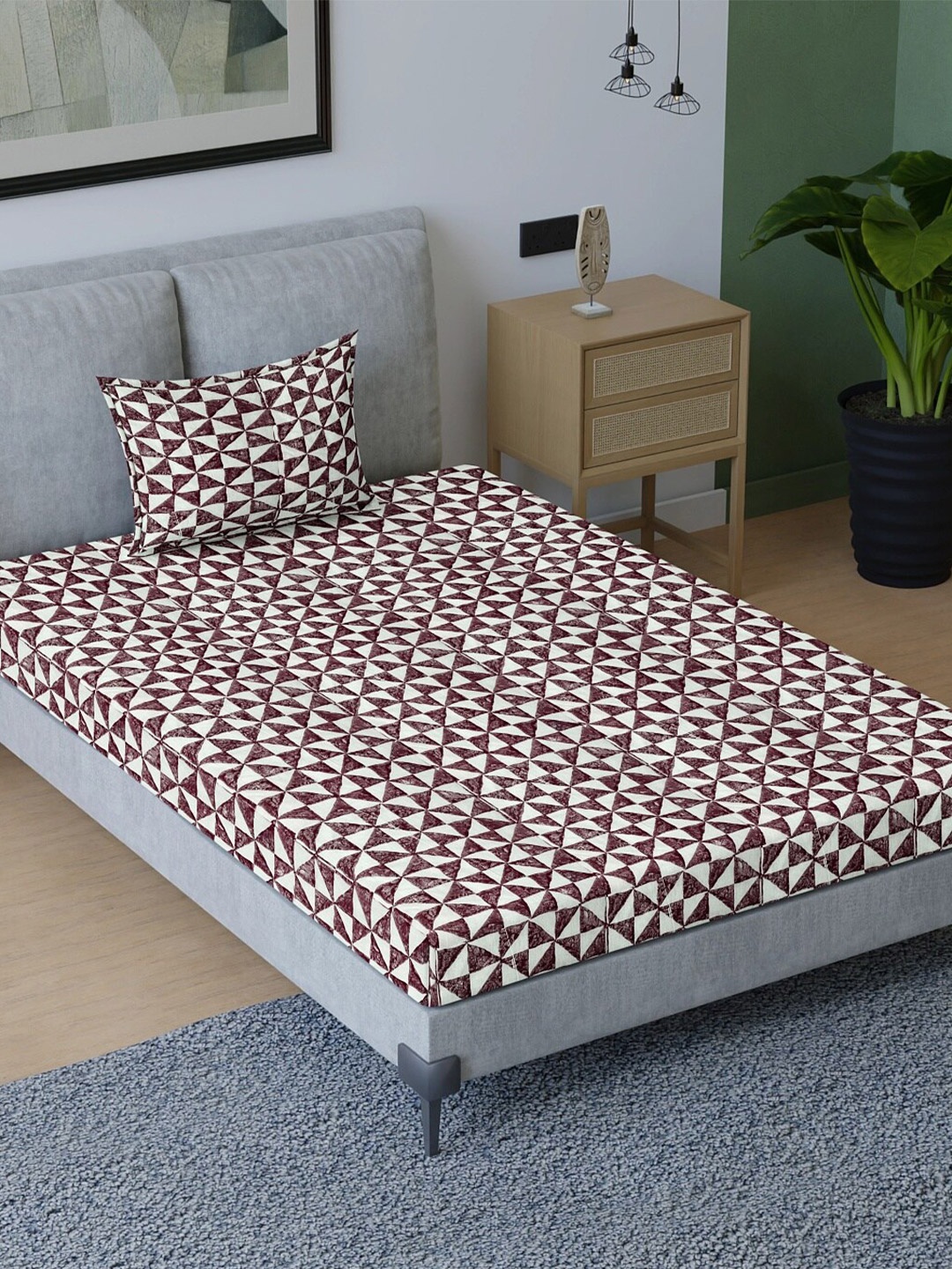 

Aura Maroon & White Geometric Pure Cotton 200 TC Single Bedsheet with 1 Pillow Covers