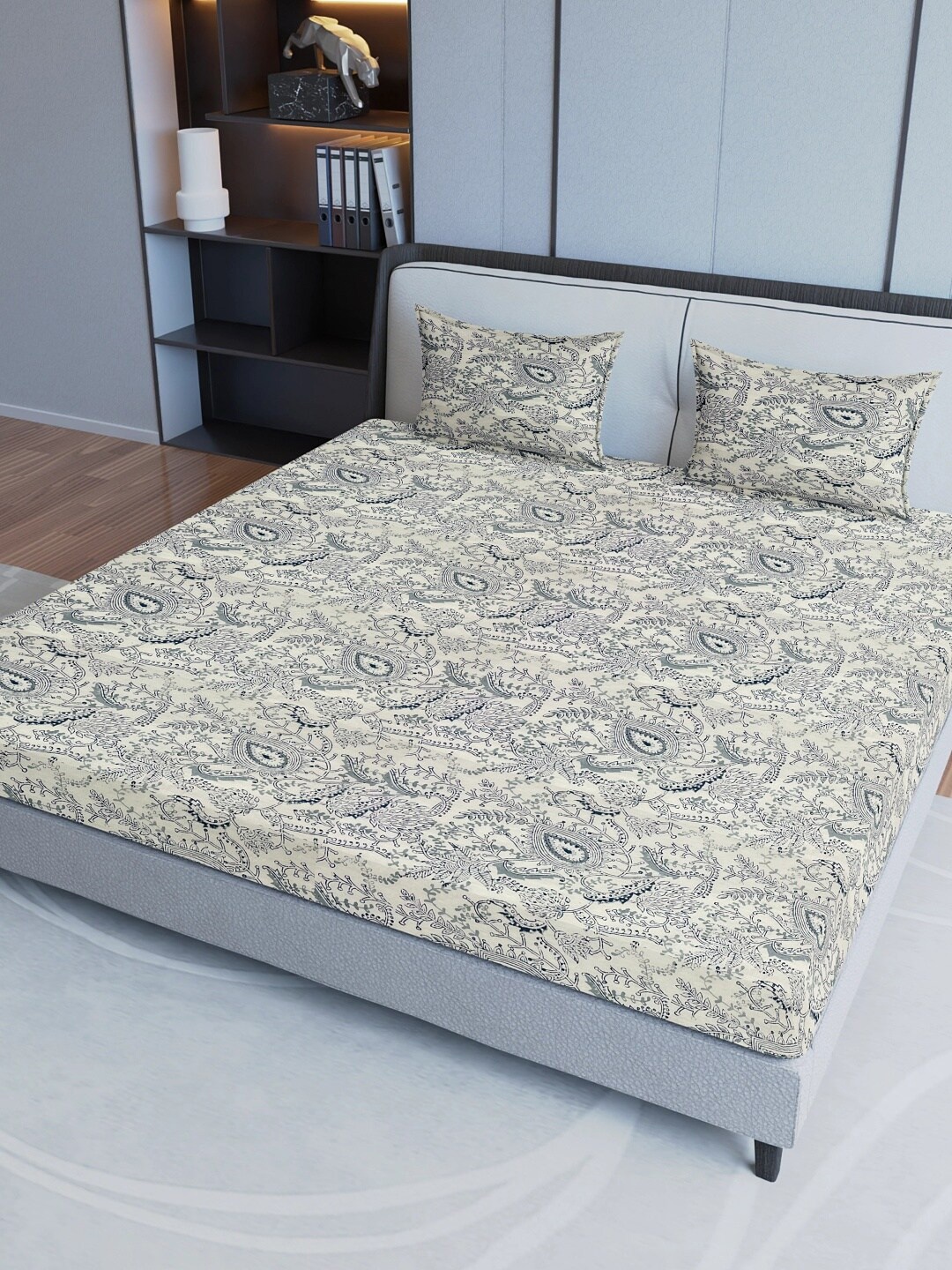 

Aura Beige & Blue Ethnic Motifs Pure Cotton 200 TC King Bedsheet with 2 Pillow Covers