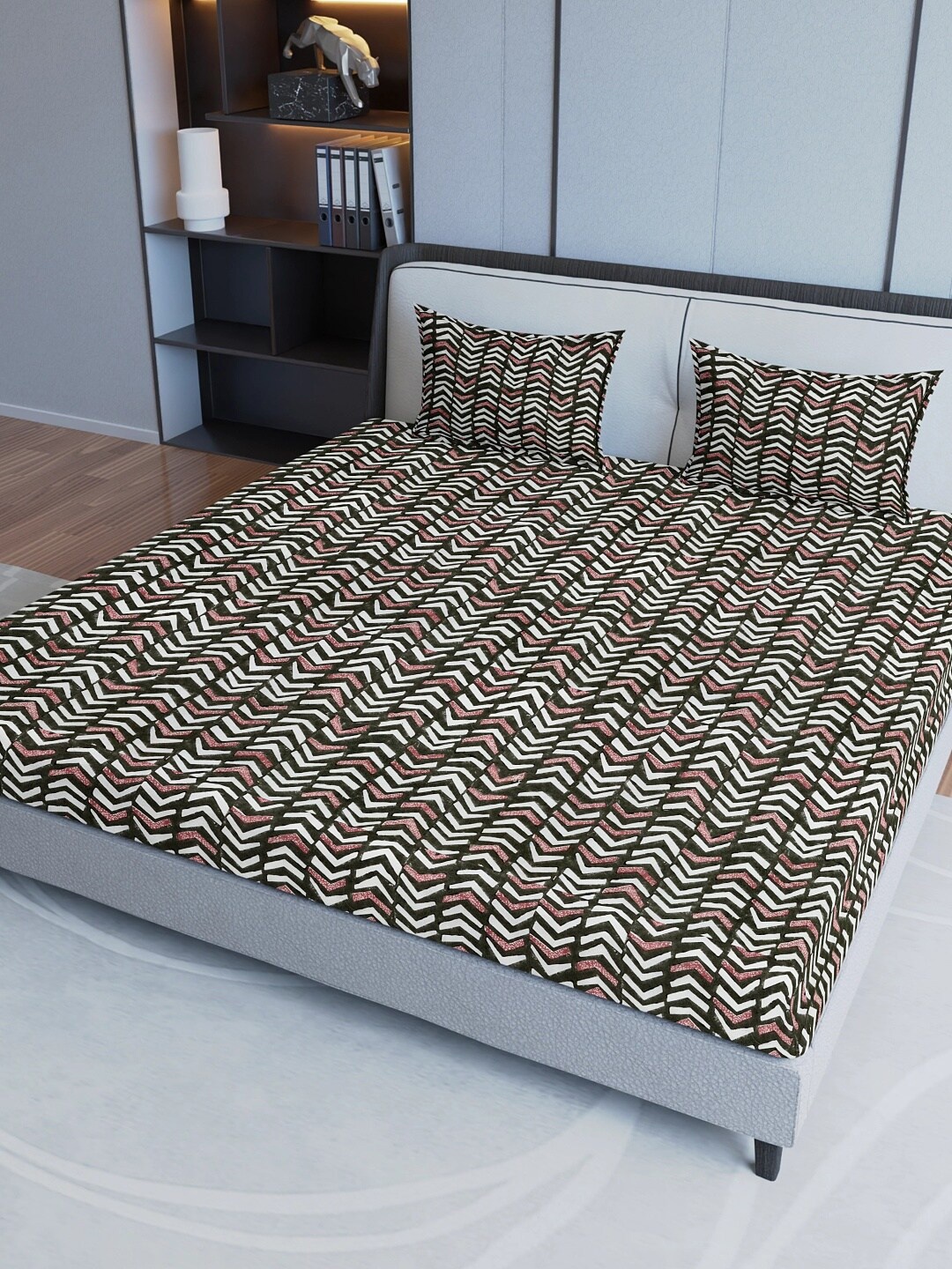 

Aura Maroon & White Geometric Pure Cotton 200 TC Queen Bedsheet with 2 Pillow Covers