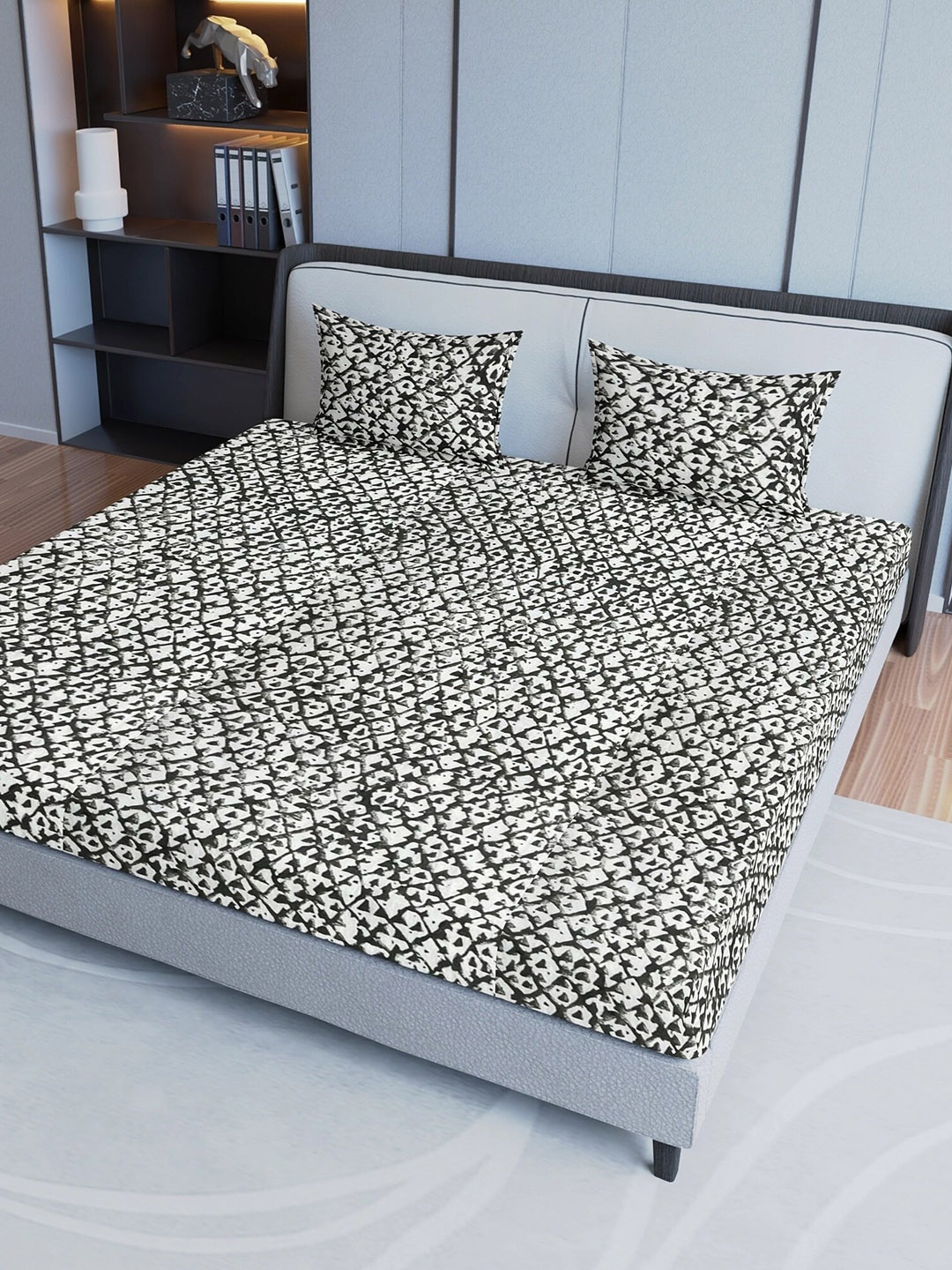 

Aura White & Grey Geometric Pure Cotton 200 TC Queen Bedsheet with 2 Pillow Covers