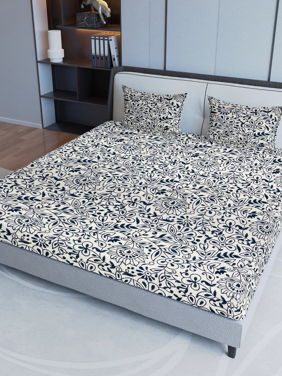 

Aura Blue & Cream Floral Cotton 200 TC King Bedsheet with 2 Pillow Covers