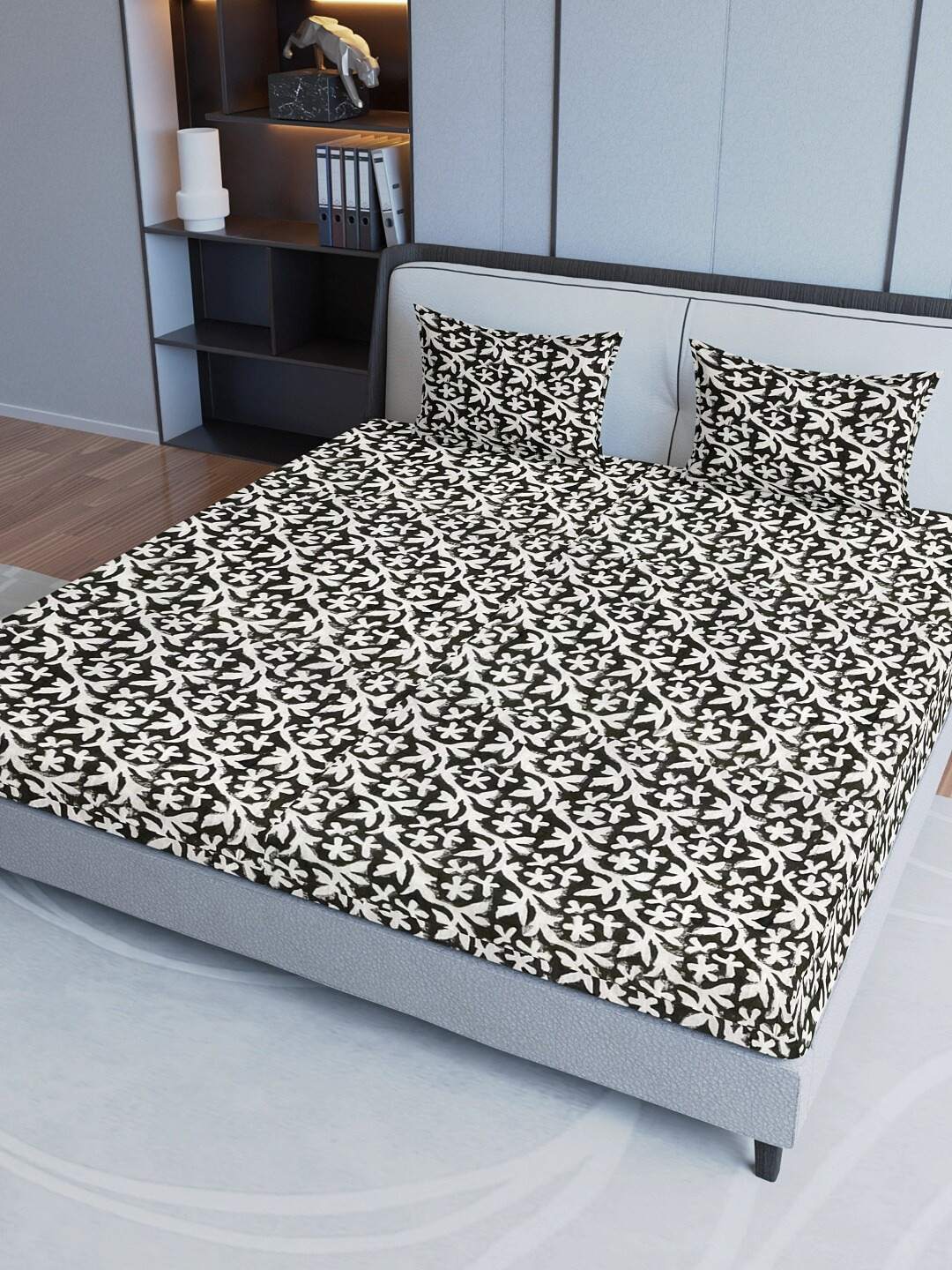 

Aura Black& Floral Cotton 200 TC Queen Bedsheet with 2 Pillow Covers