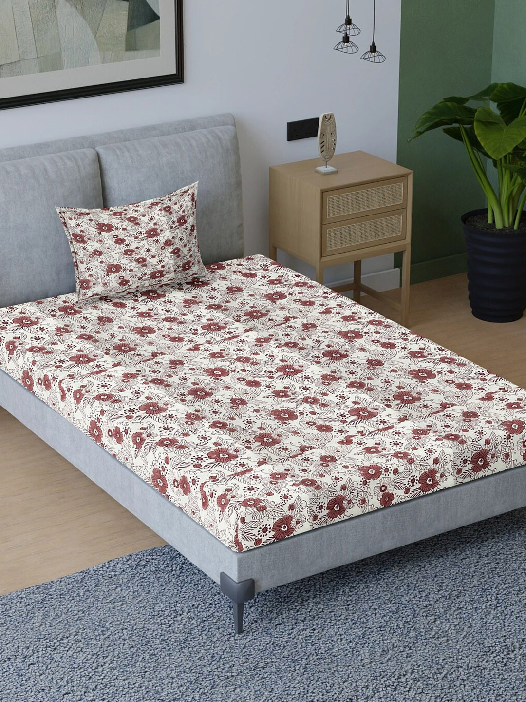 

Aura Maroon &White Floral Cotton 200 TC Single Bedsheet with 1 Pillow Covers