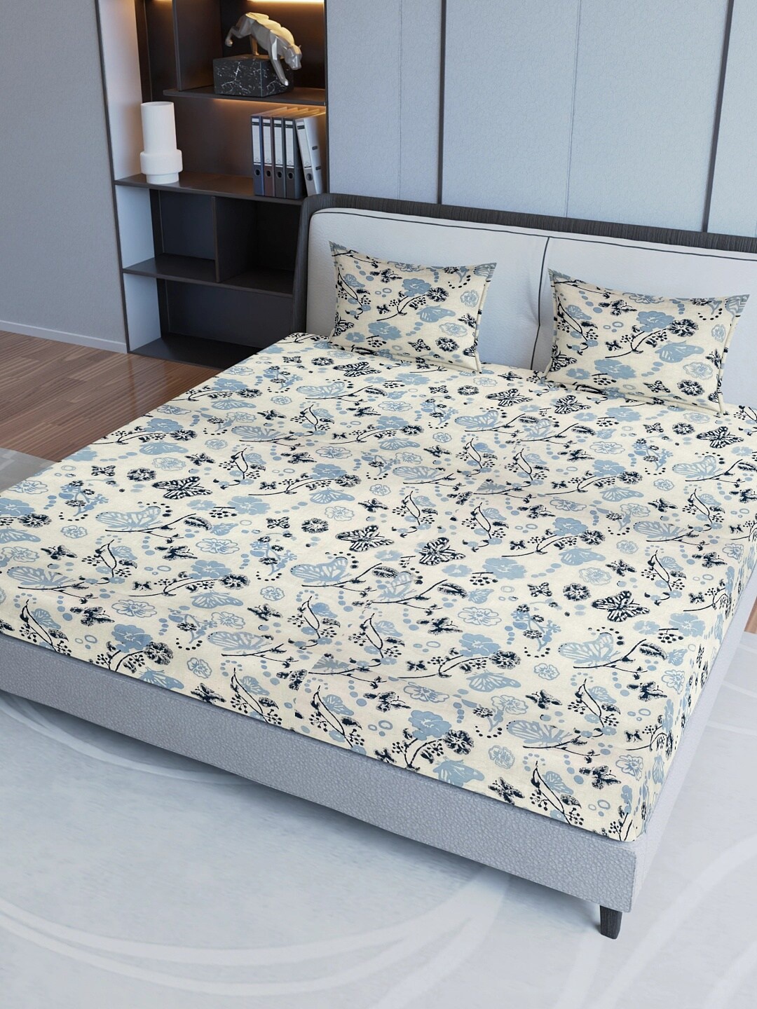 

Aura Blue& Beige Floral Cotton 200 TC Queen Bedsheet with 2 Pillow Covers