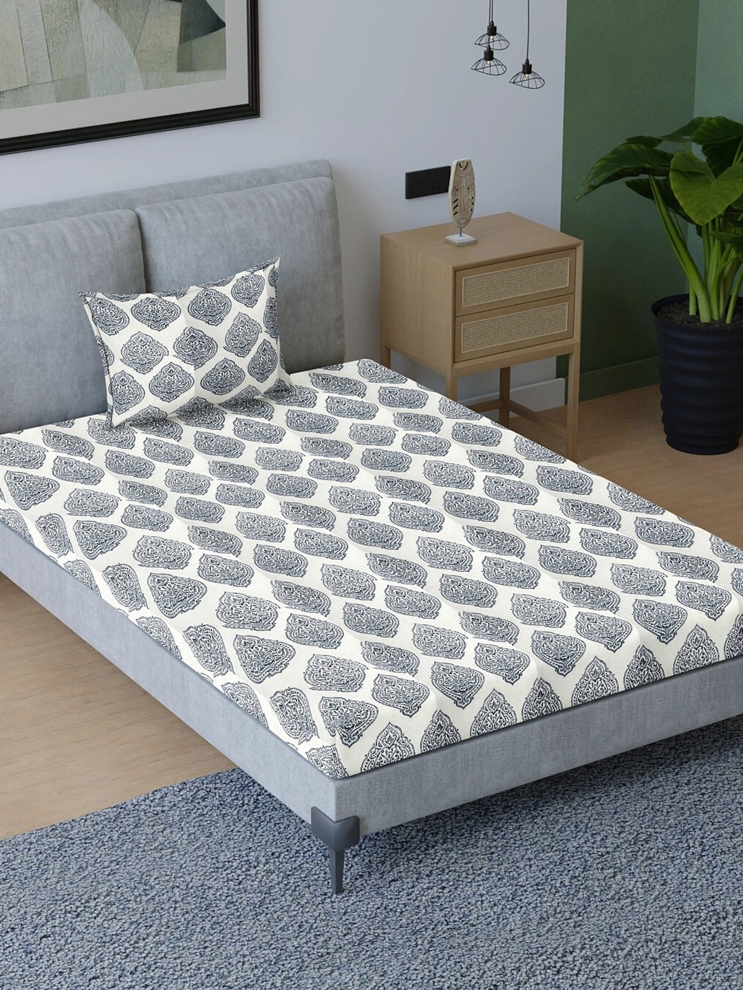 

Aura Navy Blue & White Ethnic Motifs Cotton 200 TC Single Bedsheet with 1 Pillow Cover