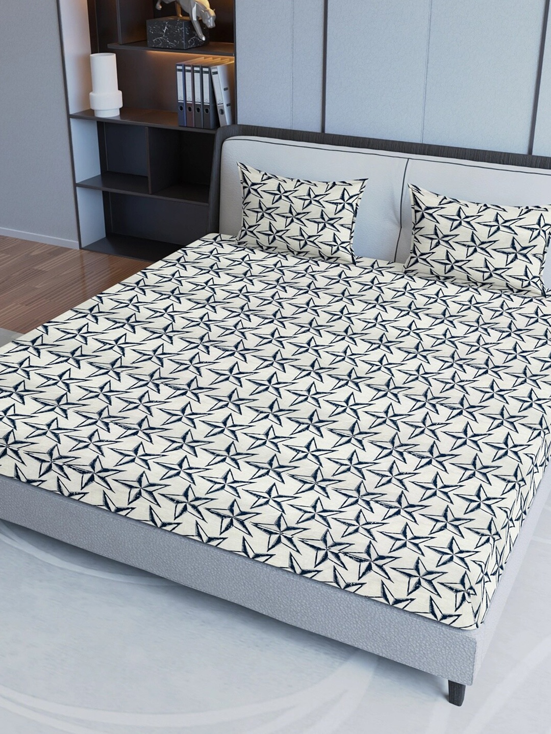 

Aura Blue & White Geometric Cotton 200 TC Queen Bedsheet with 2 Pillow Covers