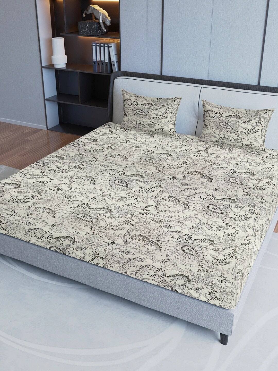 

Aura Grey& Beige Ethnic Motifs Cotton 200 TC Queen Bedsheet with 2 Pillow Covers