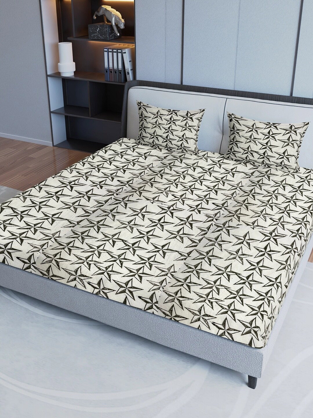 

Aura Black &White Geometric Cotton 200 TC Queen Bedsheet with 2 Pillow Covers