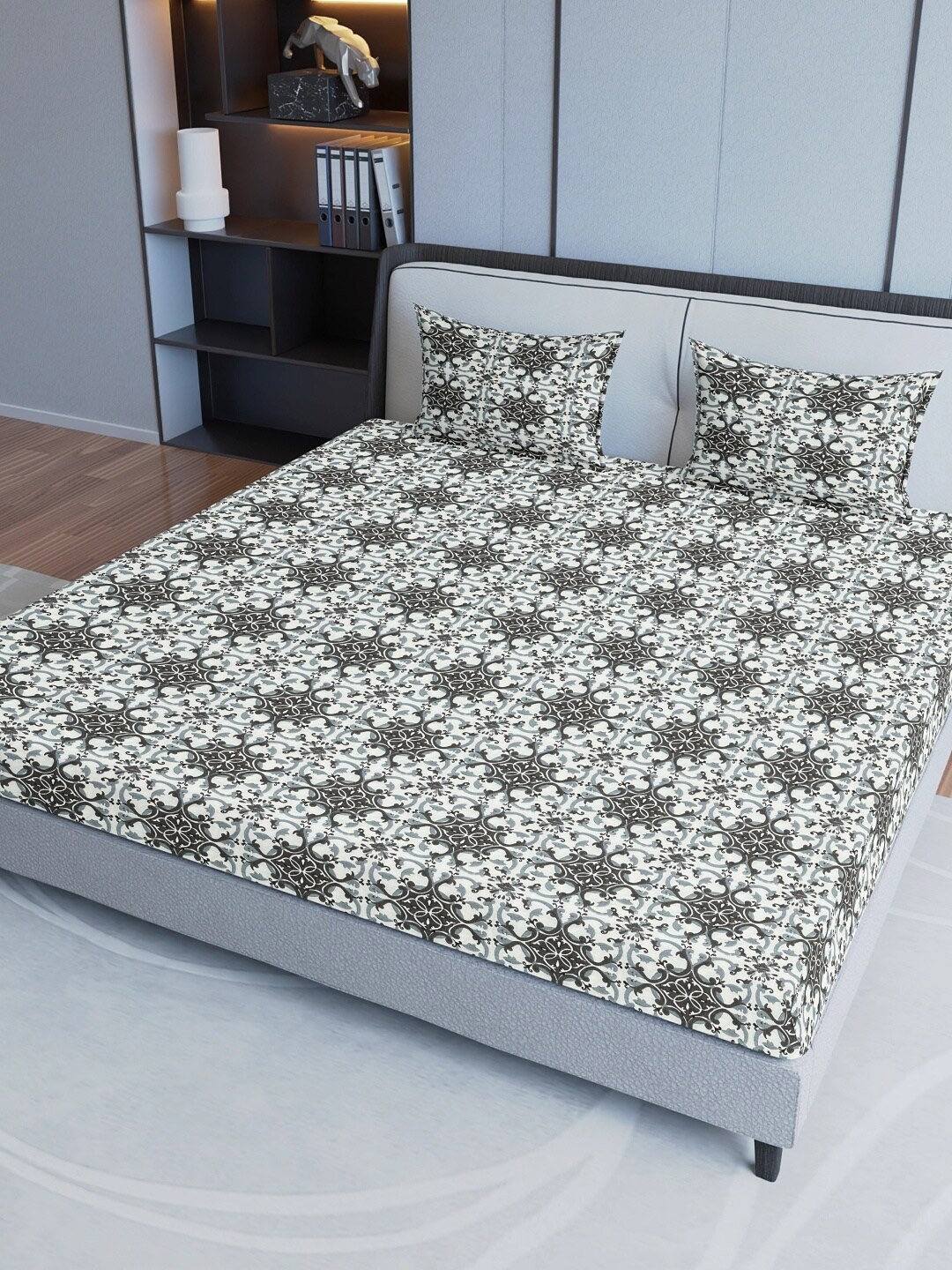 

Aura Grey& White Ethnic Motifs Cotton 200 TC Queen Bedsheet with 2 Pillow Covers