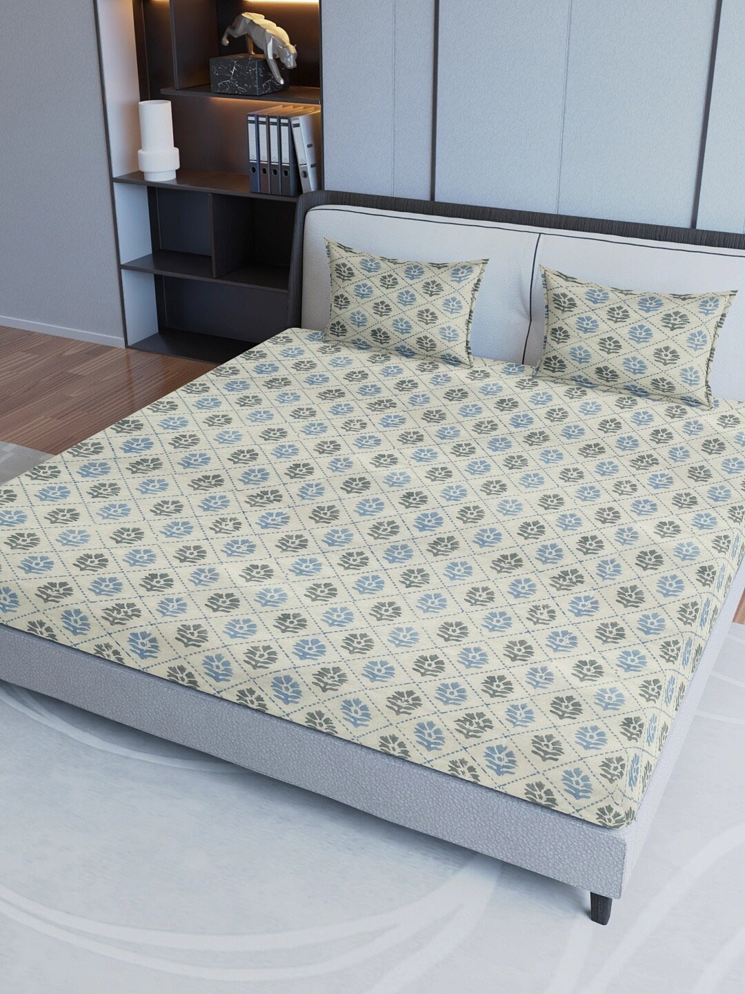 

Aura Blue& Grey Ethnic Motifs Cotton 200 TC Queen Bedsheet with 2 Pillow Covers